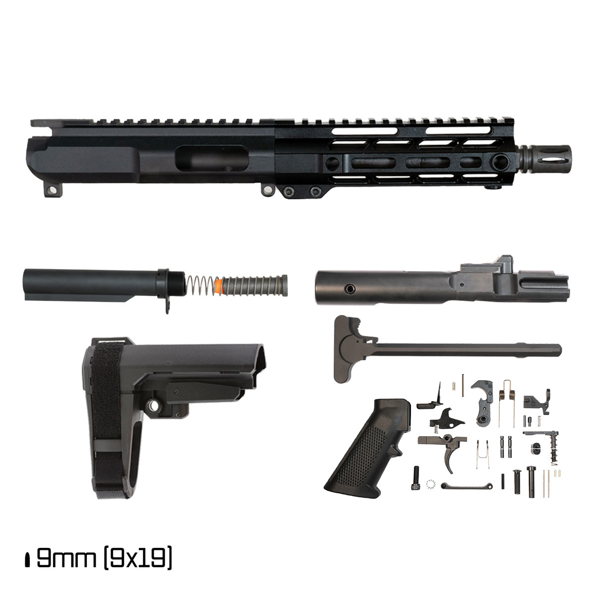 Davidson Defense IX w/SBA3 Brace 7.5-inch Carbine-Gas 1:10 9MM AR-9 Freefloat M-Lok Handguard Pistol Upper Receiver Full Build Kit