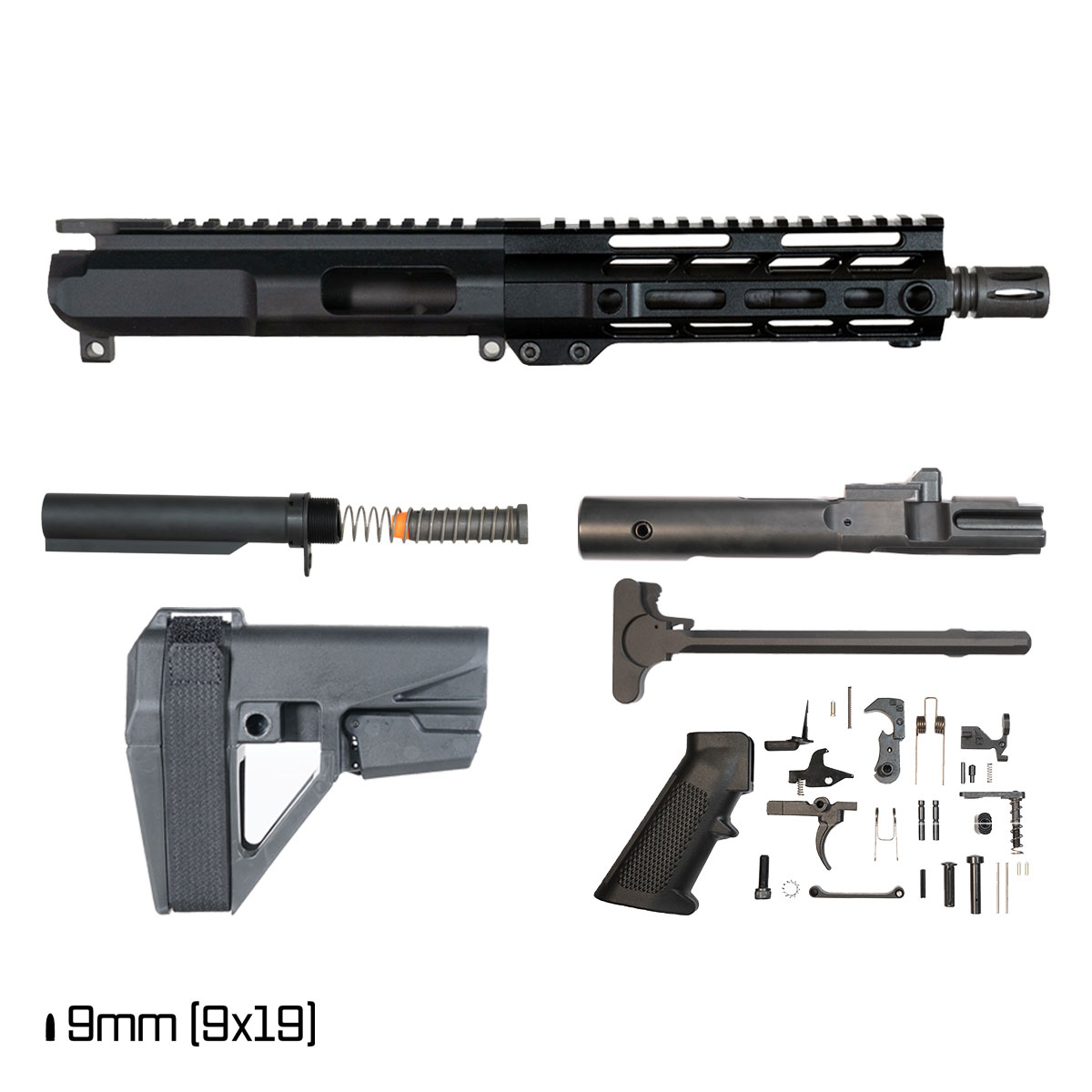 Davidson Defense IX w/SBA5 Brace 7.5-inch Carbine-Gas 1:10 9MM AR-9 Freefloat M-Lok Handguard Pistol Upper Receiver Full Build Kit