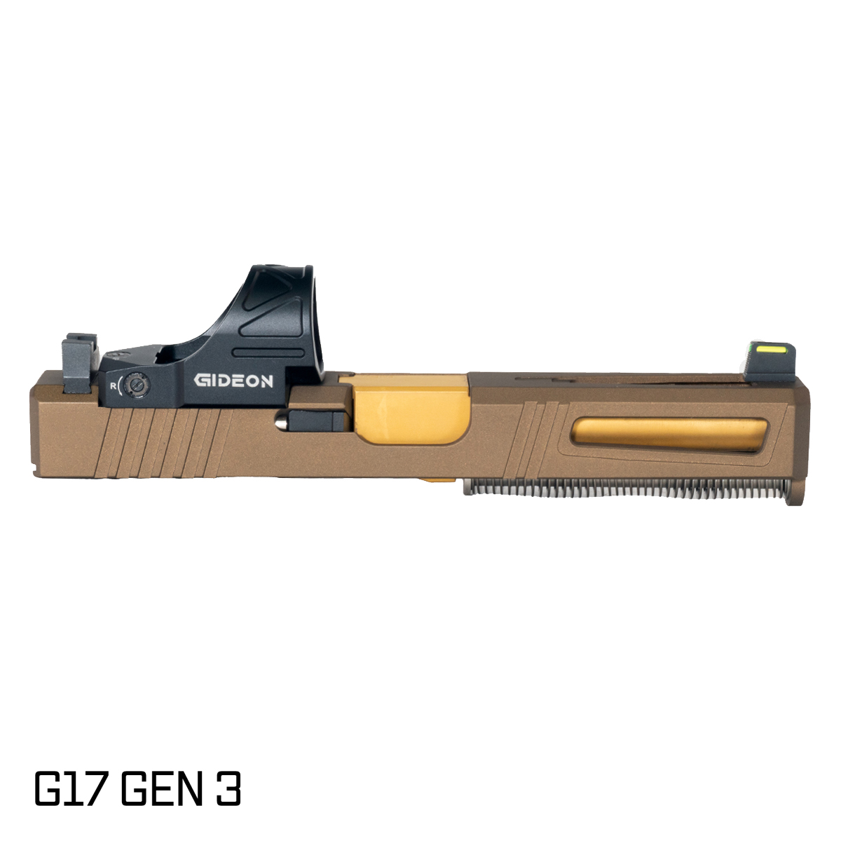 DTT Stiffler MFG Lionheart Gold TiN Barrel G17 Gen 1-3 Compatible 9MM Burnt Bronze RMR Complete Slide Kit, Gideon Optics Omega (SRO Compatible) Single Red Dot