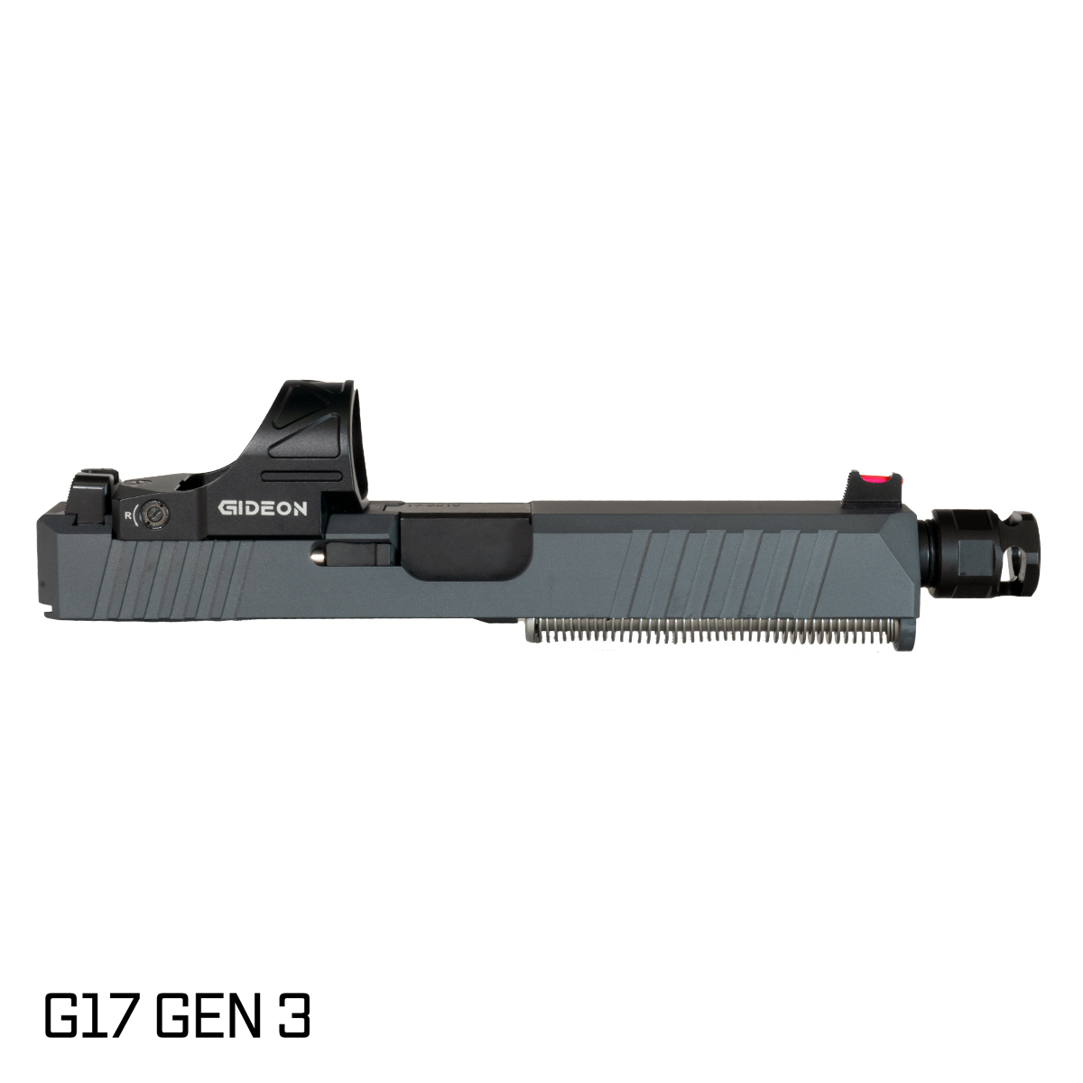 DTT Stiffler MFG Valkyrie Comped Nitride Barrel G17 Gen 1-3 Compatible 9MM Sniper Gray RMR Complete Slide Kit w/Gideon Optics Omega (SRO Compatible) Single Red Dot