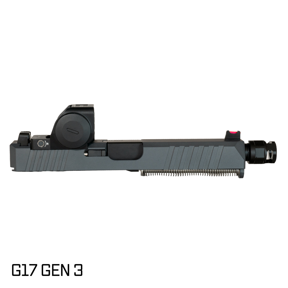 DTT Stiffler MFG Valkyrie Comped Nitride Barrel G17 Gen 1-3 Compatible 9MM Sniper Gray RMR Complete Slide Kit w/Gideon Optics Granite (RMR Footprint) Competition Single Red Dot