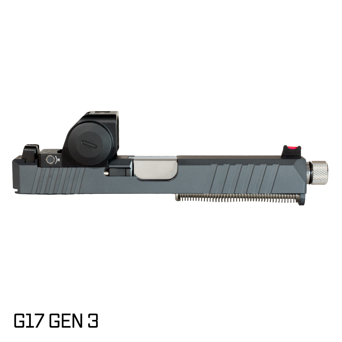 DTT Stiffler MFG Valkyrie Threaded Clear Polished PVD Barrel G17 Gen 1-3 Compatible 9MM Sniper Gray RMR Complete Slide Kit w/Gideon Optics Granite (RMR Footprint) Competition Single Red Dot