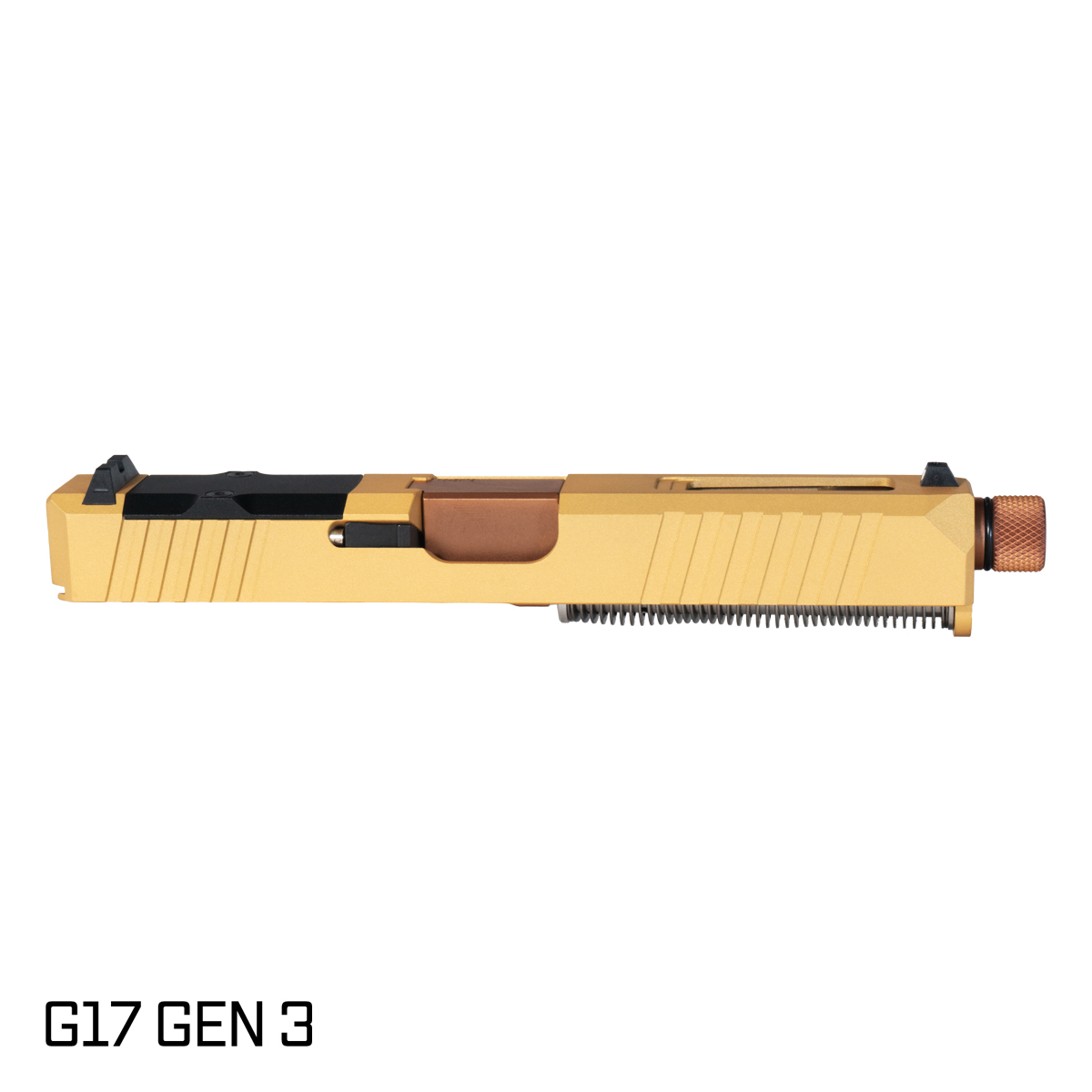 DTT Stiffler MFG Wayfinder Threaded Copper PVD Barrel G17 Gen 1-3 Compatible 9MM 17-4 Stainless Steel Gold Cerakote Complete Slide Kit