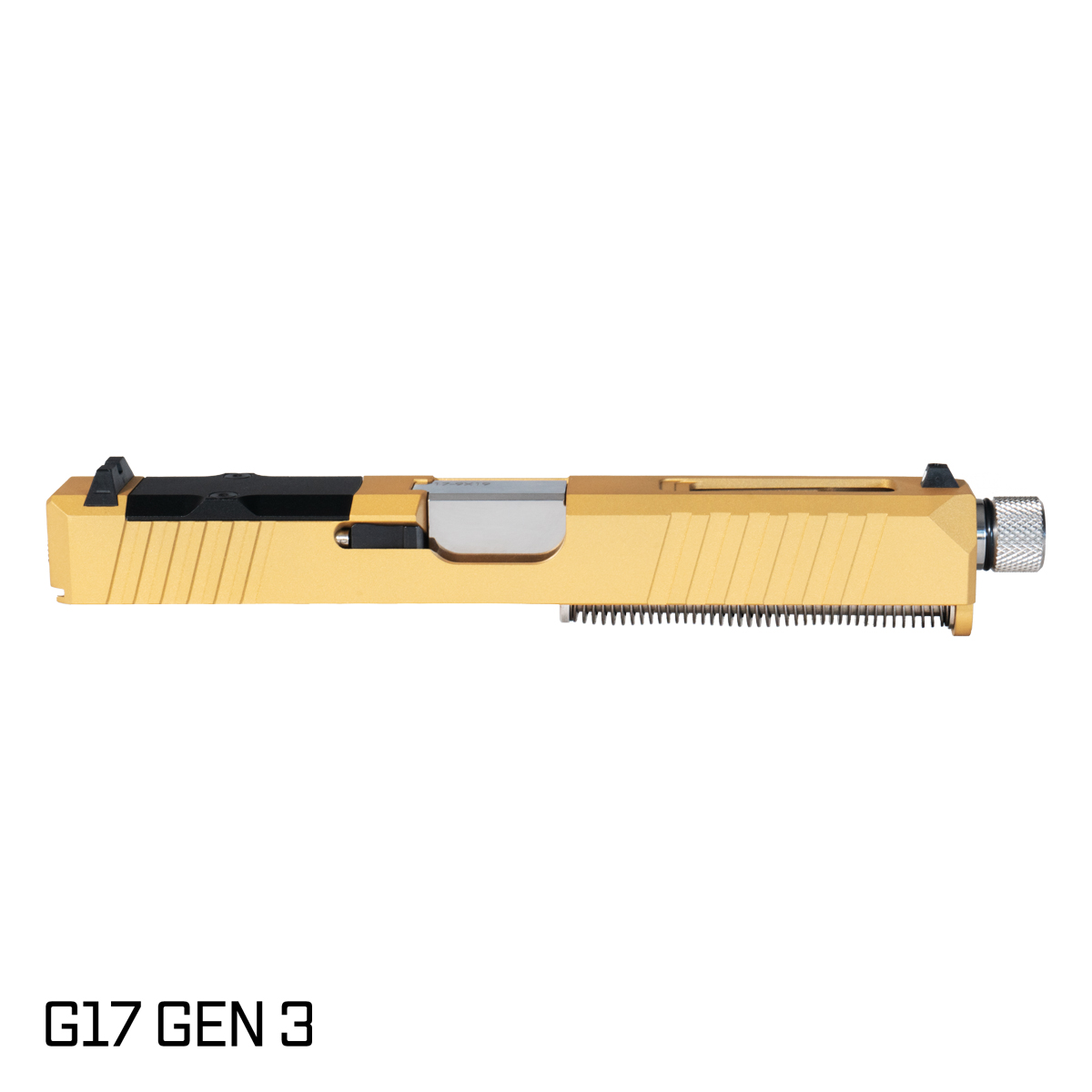 DTT Stiffler MFG Wayfinder Threaded Polished Stainless Barrel G17 Gen 1-3 Compatible 9MM 17-4 Stainless Steel Gold Cerakote Complete Slide Kit