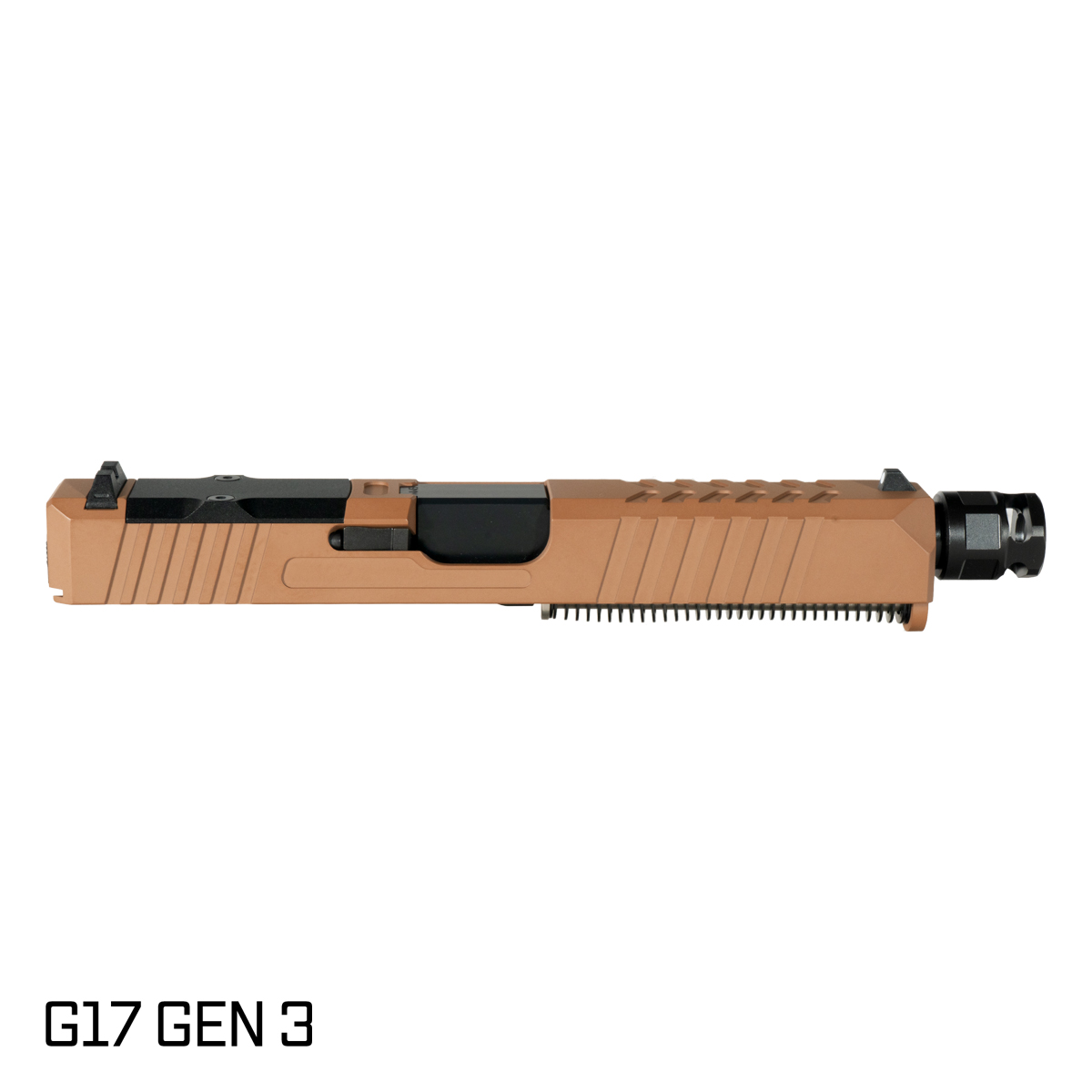 DTT Stiffler MFG Helios Threaded Nitride Barrel G17 Gen 1-3 Compatible 9MM 17-4 Stainless Steel Copper Brown Cerakote Complete Slide Kit, Armaspec PAWN Micro Compensator