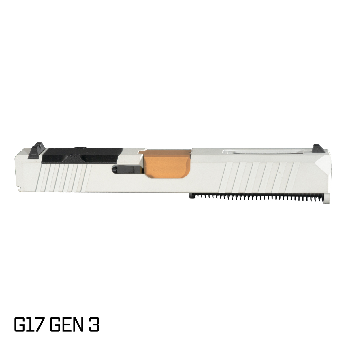 DTT Stiffler MFG Wayfinder Crowned Gold TiN Barrel G17 Gen 1-3 Compatible 9MM 17-4 Stainless Steel Top Window Cut White Cerakote Complete Slide Kit