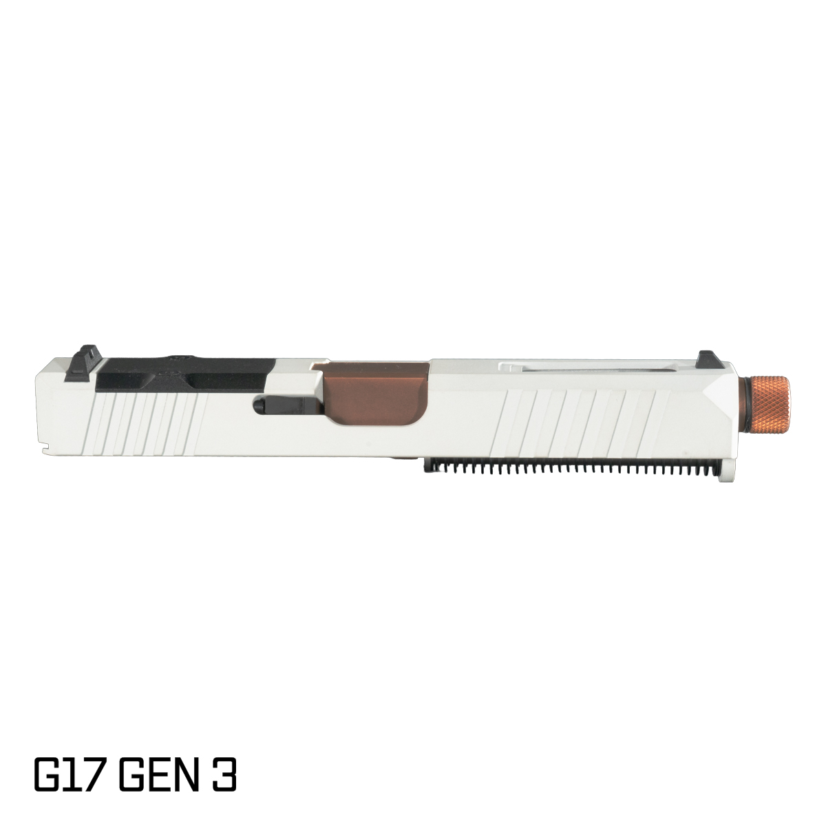 DTT Stiffler MFG Wayfinder Threaded Copper PVD Barrel G17 Gen 1-3 Compatible 9MM 17-4 Stainless Steel Top Window Cut White Cerakote Complete Slide Kit