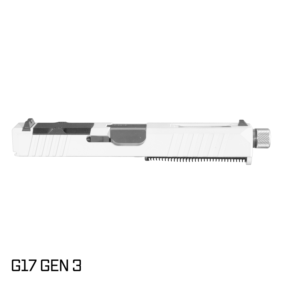 DTT Stiffler MFG Wayfinder Threaded Polished Stainless Barrel G17 Gen 1-3 Compatible 9MM 17-4 Stainless Steel Top Window Cut White Cerakote Complete Slide Kit
