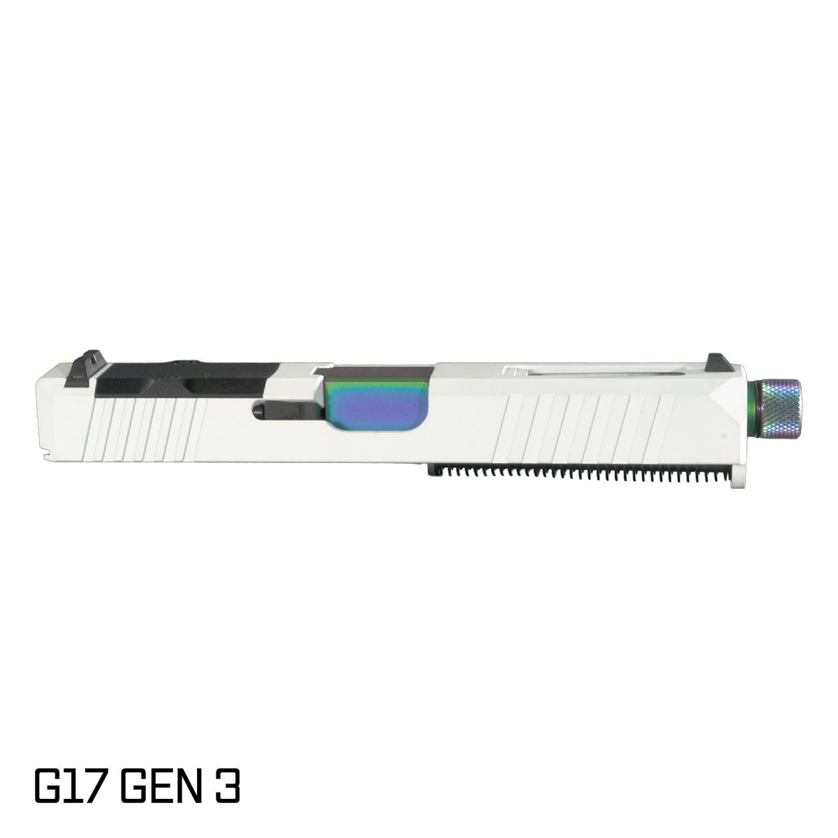 DTT Stiffler MFG Wayfinder Threaded Rainbow PVD Barrel G17 Gen 1-3 Compatible 9MM 17-4 Stainless Steel Top Window Cut White Cerakote Complete Slide Kit