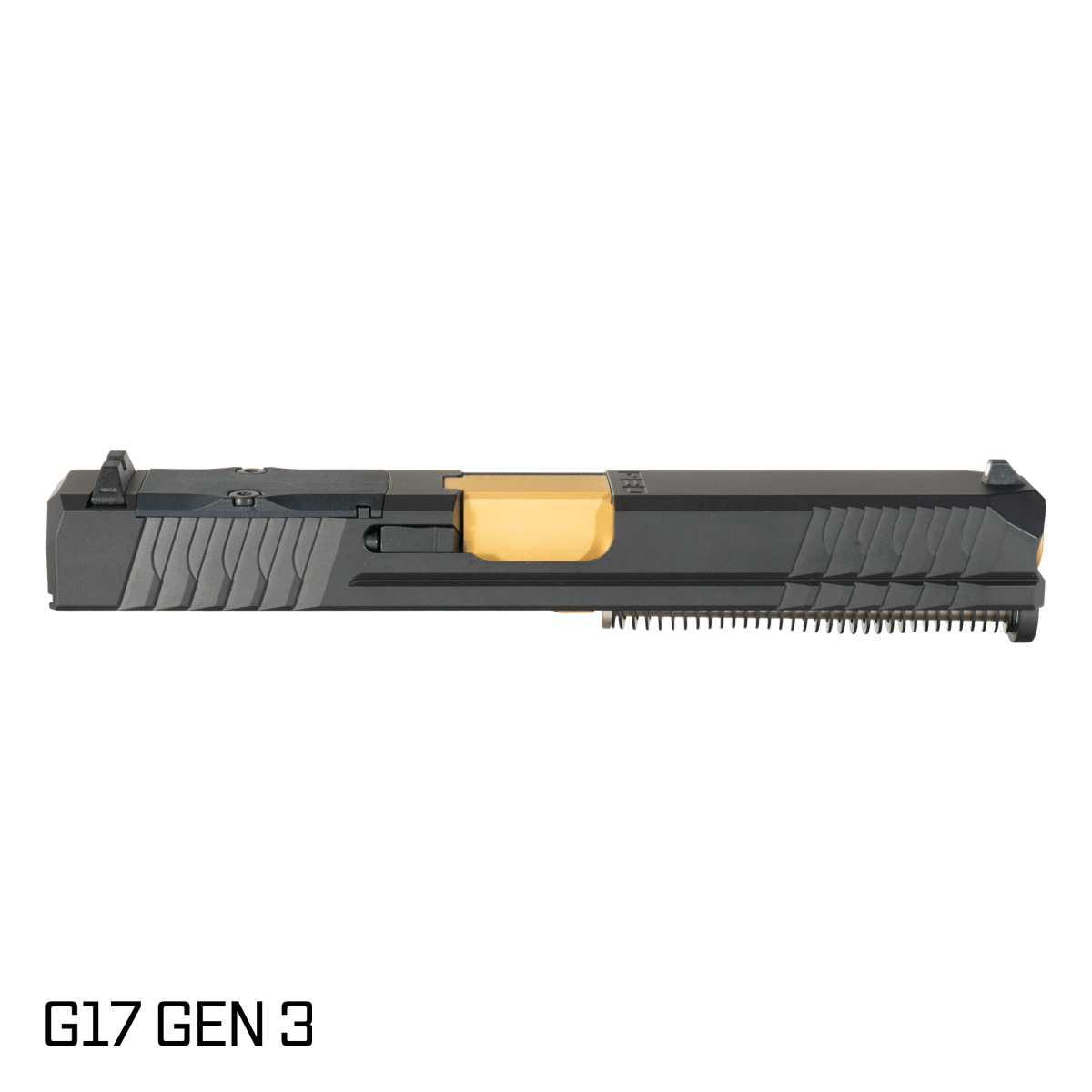 P80 Obsidian Crowned Gold TiN Barrel G17 Gen 1-3 Compatible 9MM 17-4 Stainless Steel Optics Cut Black Nitride Complete Slide Kit