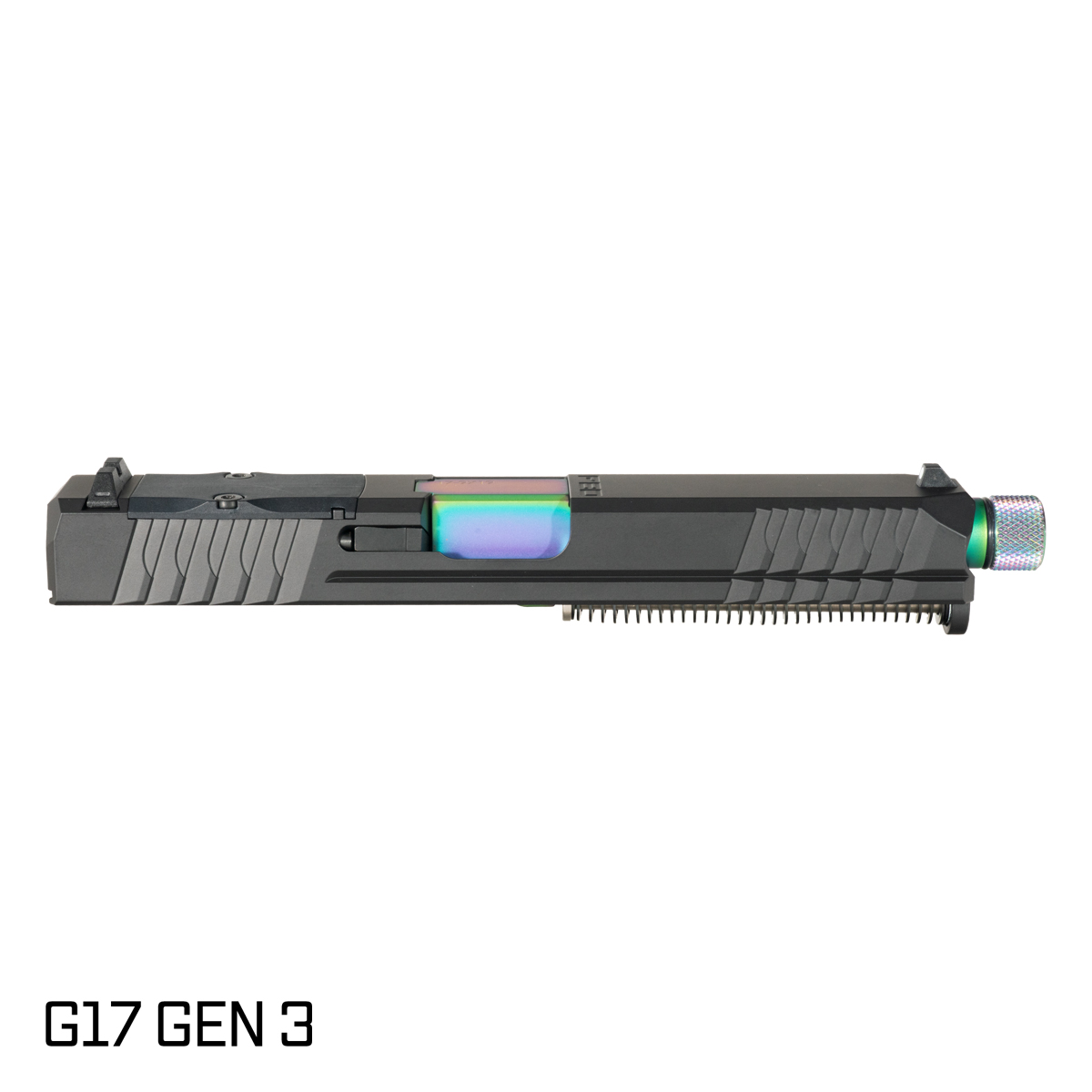 P80 Obsidian Threaded Rainbow PVD Barrel G17 Gen 1-3 Compatible 9MM 17-4 Stainless Steel Optics Cut Black Nitride Complete Slide Kit