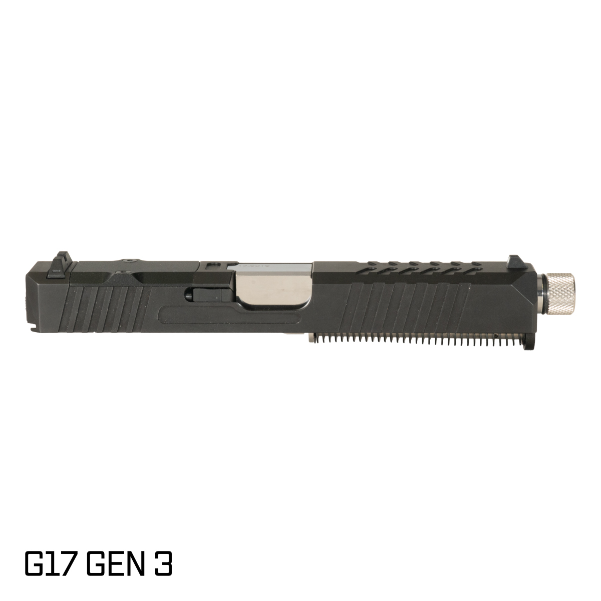 DTT Stiffler MFG Helios Threaded Polished Stainless Barrel G17 Gen 1-3 Compatible 9MM 17-4 Stainless Steel Optics Cut Black Nitride Complete Slide Kit