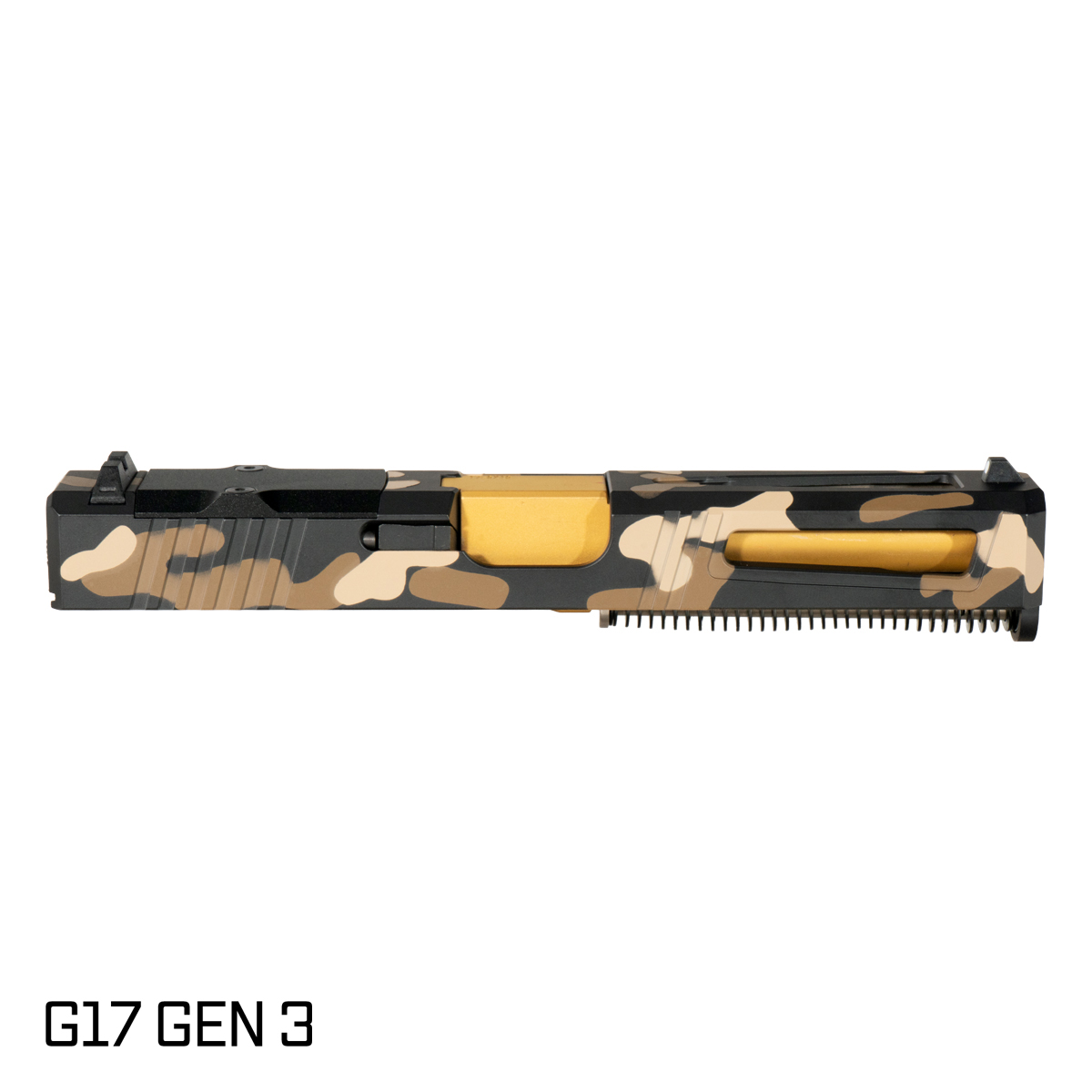 DTT Stiffler MFG Lionheart Ported Gold TiN Barrel G17 Gen 1-3 Compatible 9MM 17-4 Stainless Steel Top Window Cut Dark Camo Cerakote Complete Slide Kit