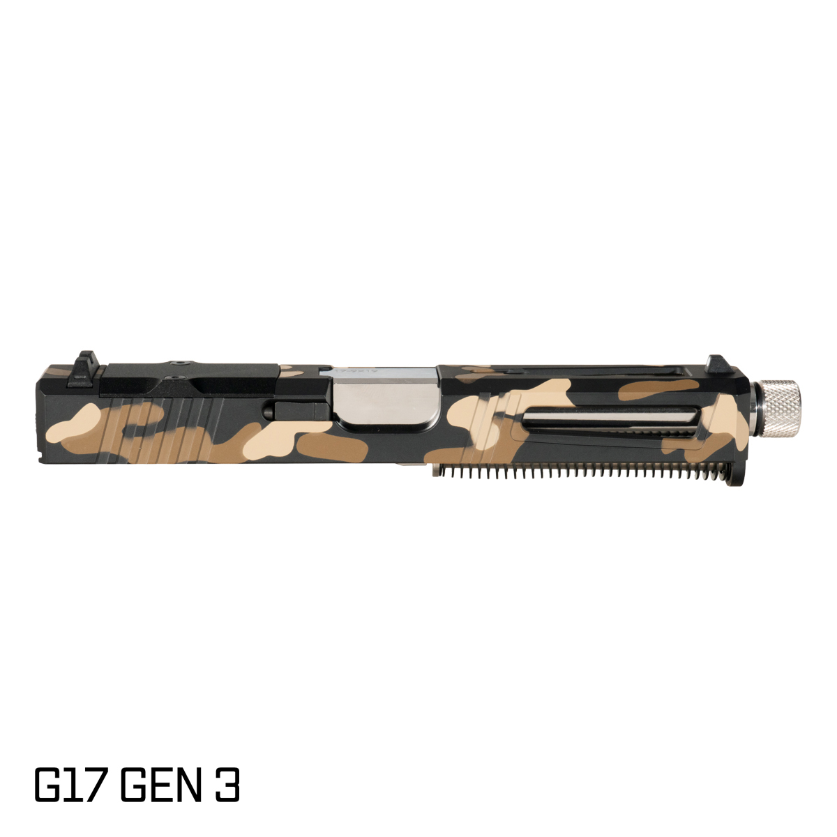 DTT Stiffler MFG Lionheart Threaded Polished Stainless Barrel G17 Gen 1-3 Compatible 9MM 17-4 Stainless Steel Top Window Cut Dark Camo Cerakote Complete Slide Kit