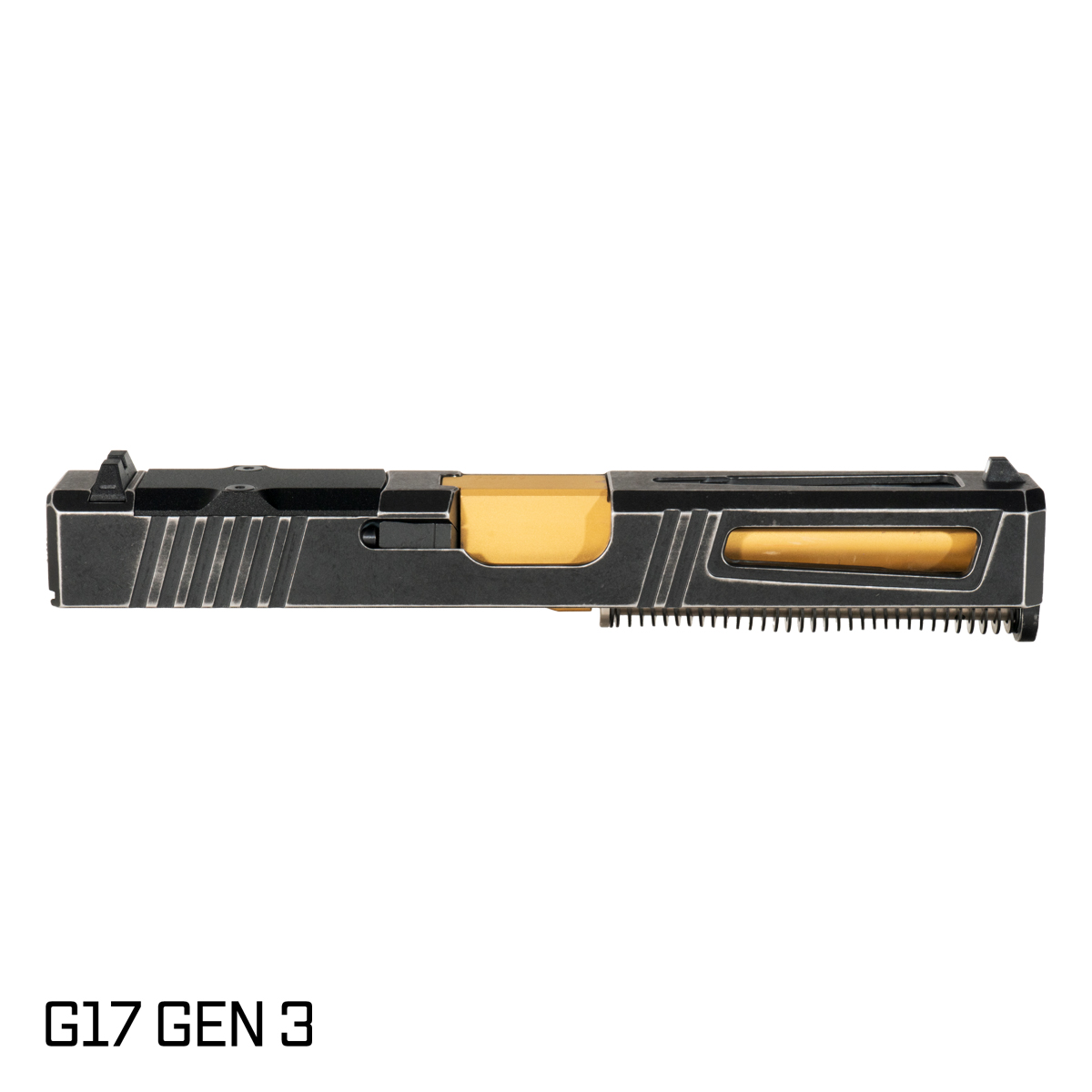 DTT Stiffler MFG Lionheart Crowned Gold TiN Barrel G17 Gen 1-3 Compatible 9MM 17-4 Stainless Steel Space Worn Cerakote Complete Slide Kit