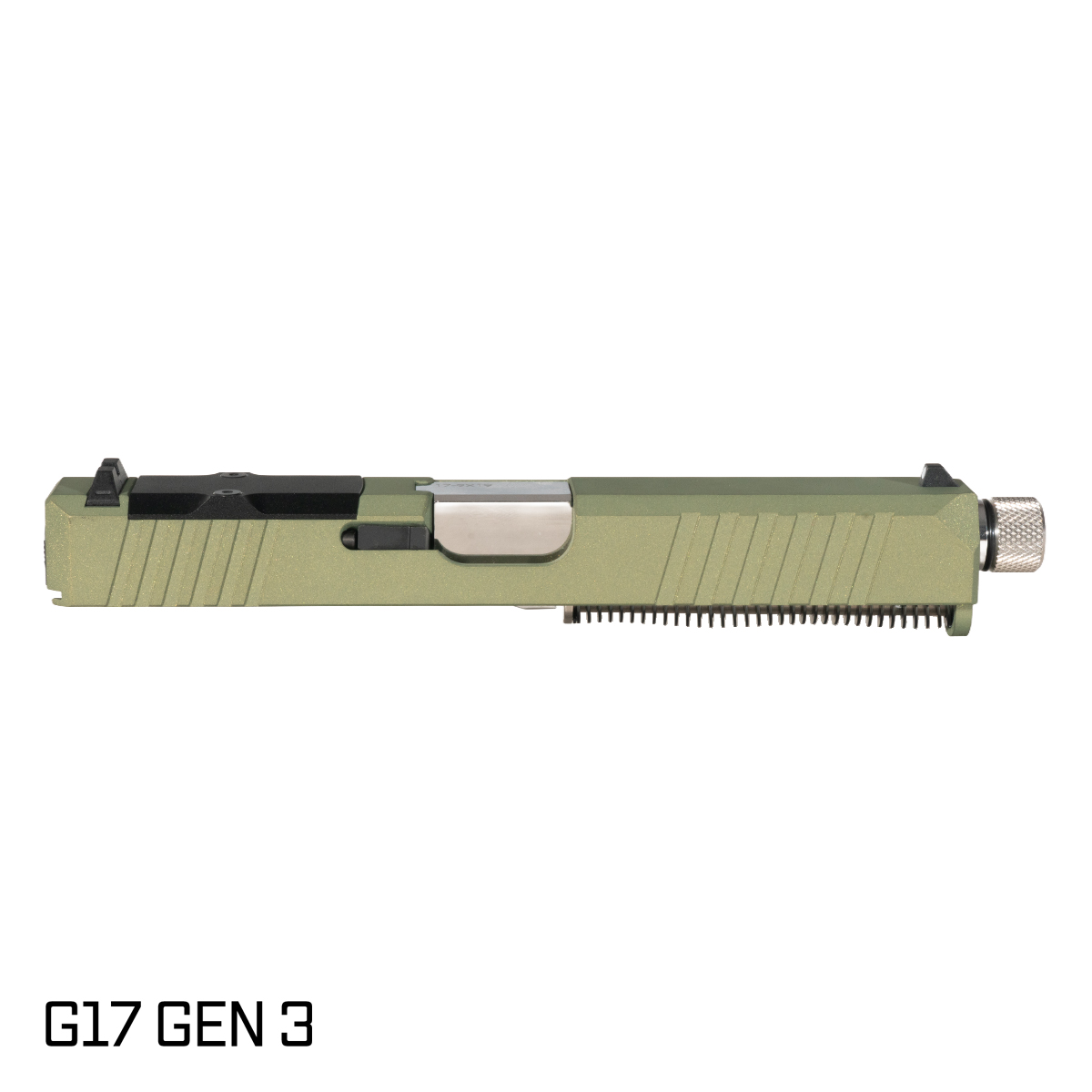 DTT Stiffler MFG Valkyrie Threaded Polished Stainless Barrel G17 Gen 1-3 Compatible 9MM 17-4 Stainless Steel Crocodile Green Cerakote Complete Slide Kit