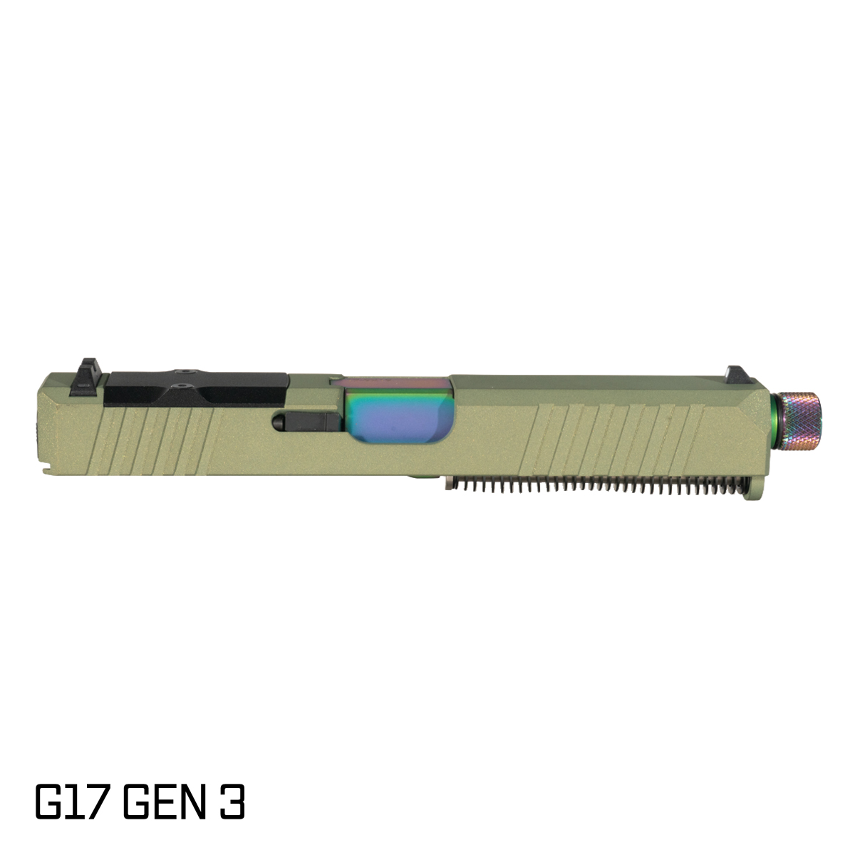 DTT Stiffler MFG Valkyrie Threaded Rainbow PVD Barrel G17 Gen 1-3 Compatible 9MM 17-4 Stainless Steel Crocodile Green Cerakote Complete Slide Kit