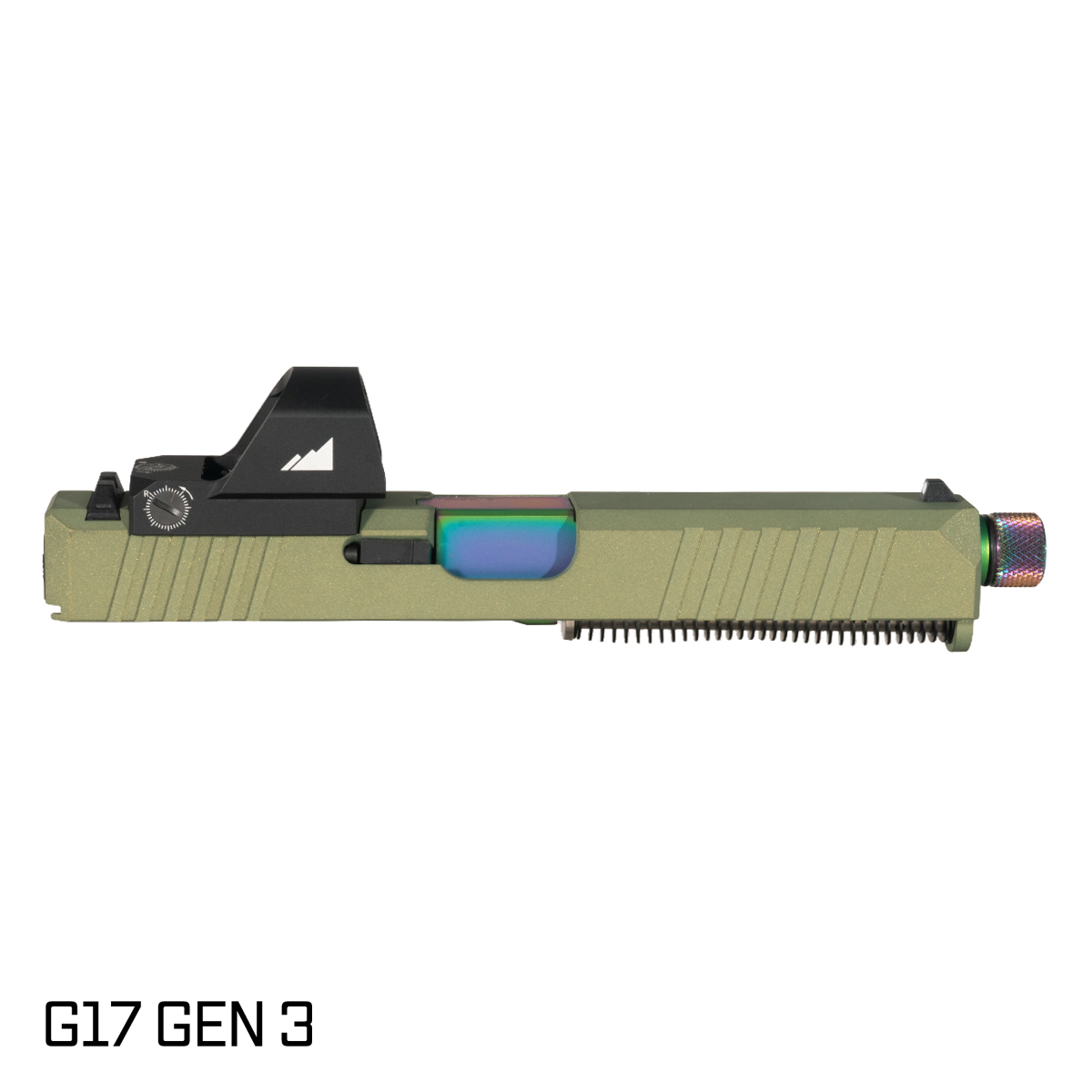 DTT Stiffler MFG Valkyrie Threaded Rainbow PVD Barrel G17 Gen 1-3 Compatible 9MM 17-4 Stainless Steel Crocodile Green Cerakote Complete Slide Kit, Northtac Ronin F12