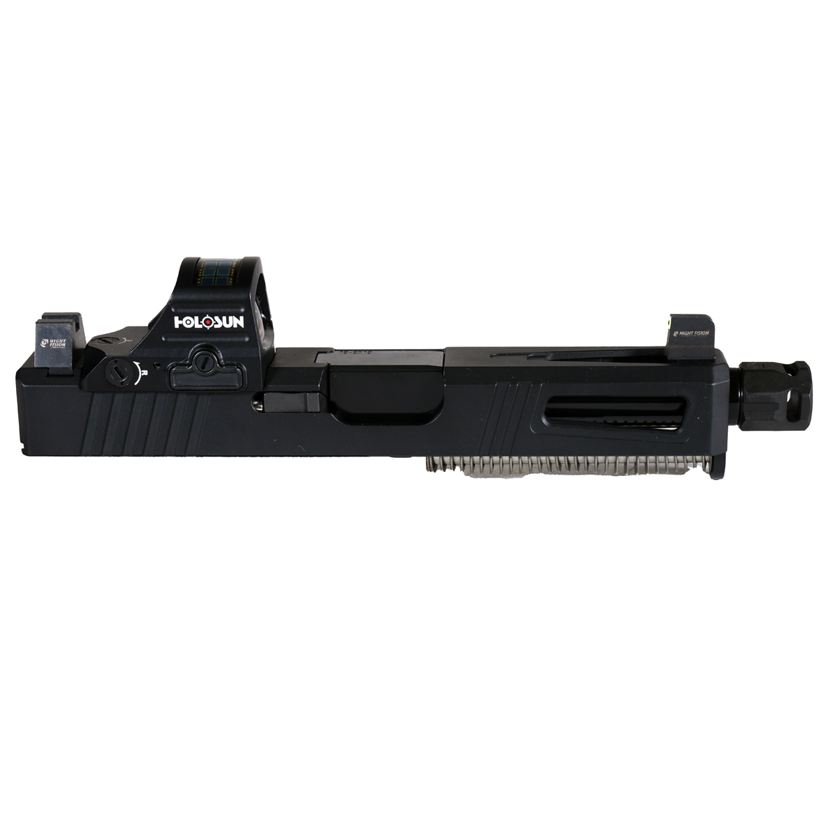 DTT Stiffler MFG Tail End Threaded Nitride Barrel G19 Gen 1-3 Compatible 9MM 17-4 Stainless Steel Black Nitride Complete Slide Kit, Holosun 407C-X2 Red Dot, Suppressor Height Sights