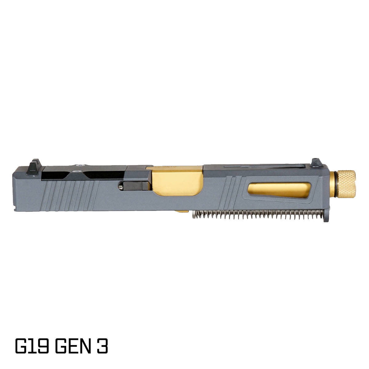 DTT Stiffler MFG Lionheart Threaded Gold TiN Barrel G19 Gen 1-3 Compatible 9MM Sniper Gray RMR Complete Slide Kit, Gold Thread Protector