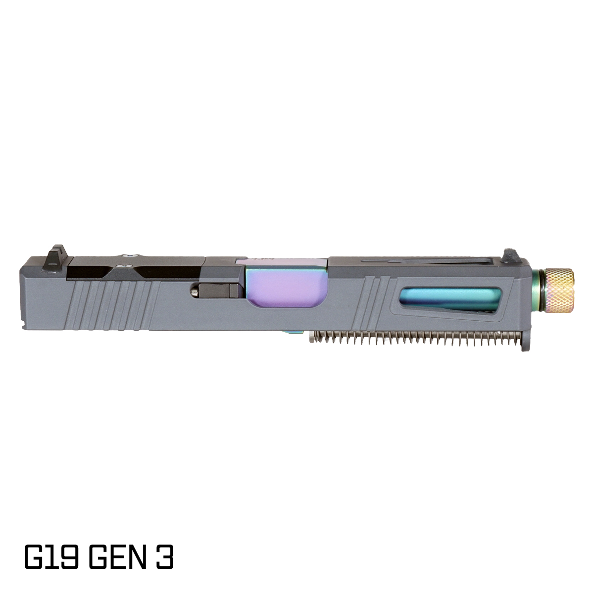 DTT Stiffler MFG Lionheart Threaded Rainbow PVD Barrel G19 Gen 1-3 Compatible 9MM Sniper Gray RMR Complete Slide Kit, Rainbow Thread Protector