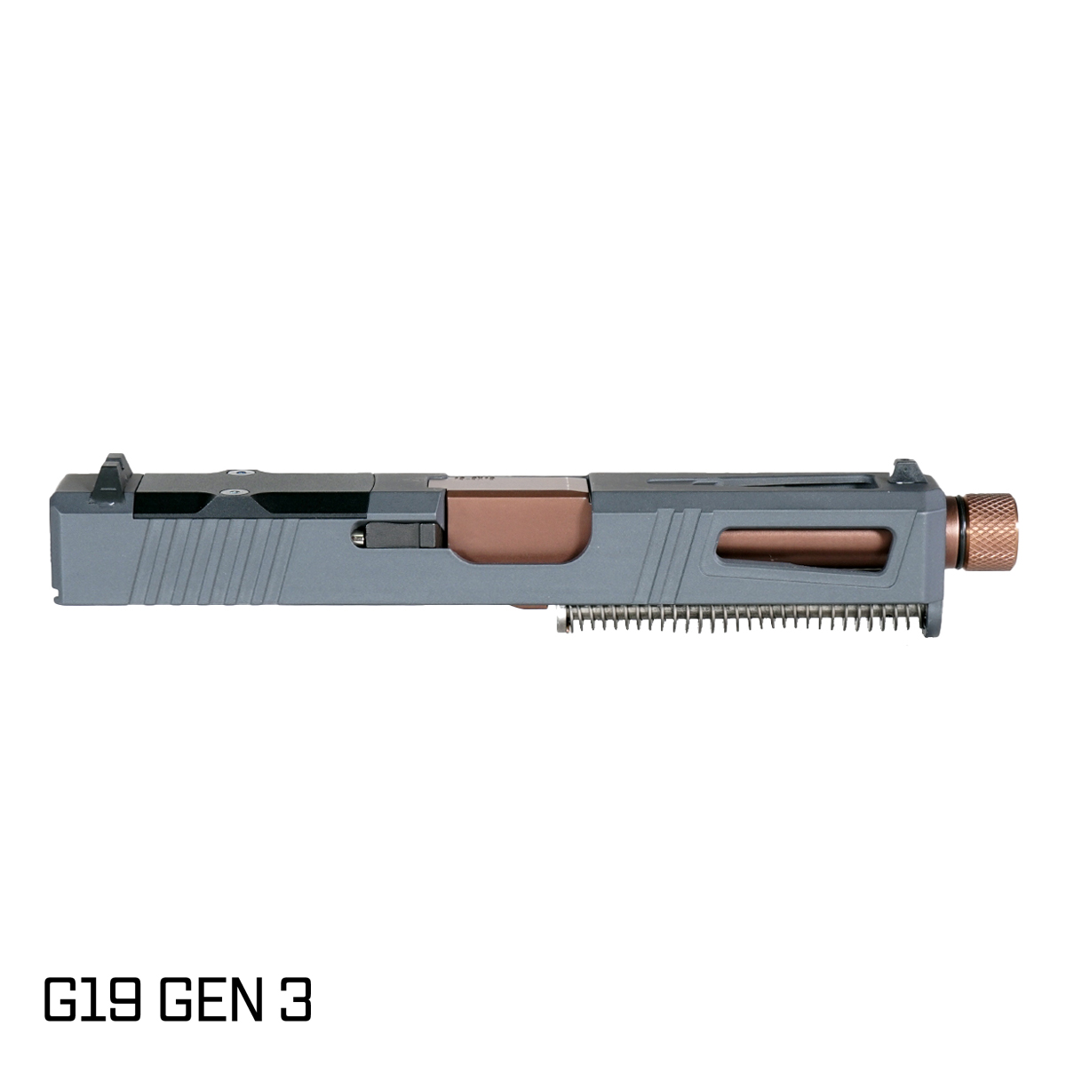 DTT Customs Lionheart Threaded Copper PVD Barrel G19 Gen 1-3 Compatible 9MM Sniper Gray RMR Complete Slide Kit