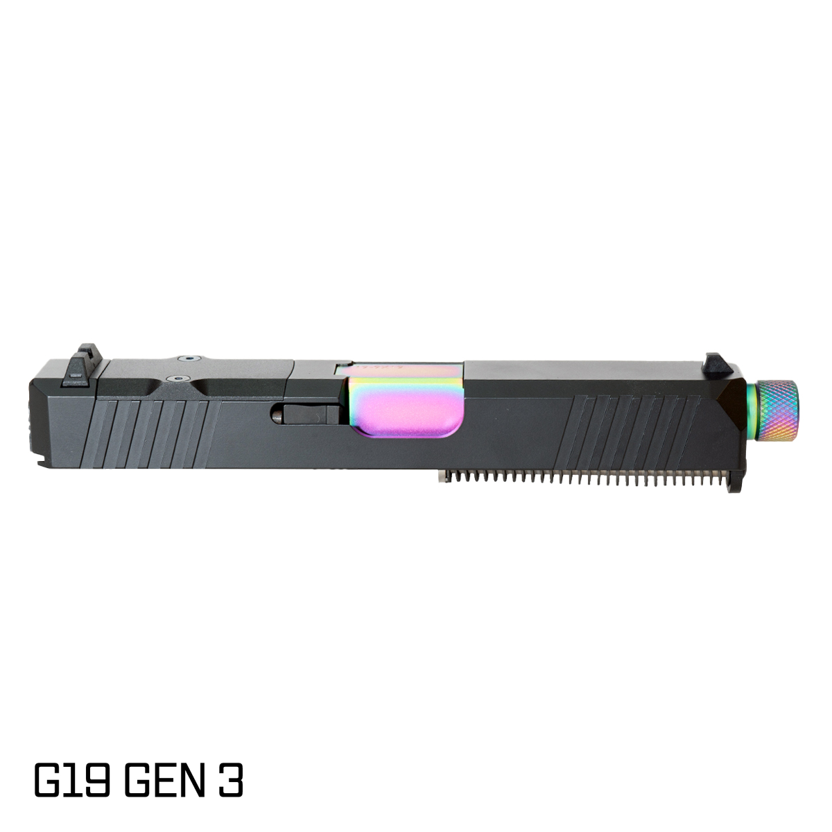 DTT Stiffler MFG Valkyrie Threaded Rainbow PVD Barrel G19 Gen 1-3 Compatible 9MM Black RMR Complete Slide Kit