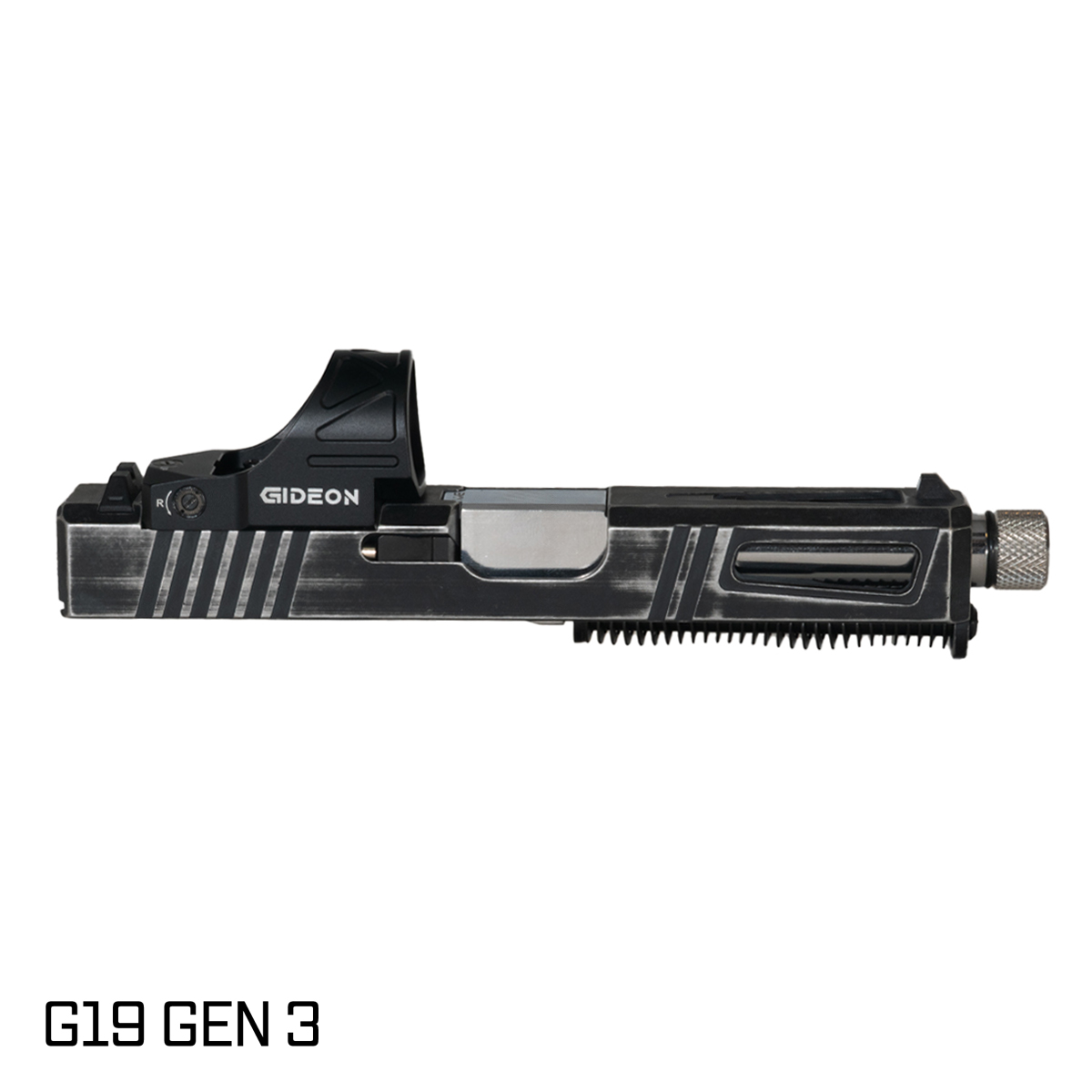DTT Stiffler MFG Lionheart Threaded Polished Stainless Barrel G19 Gen 1-3 Compatible 9MM Space Worn RMR Complete Slide Kit, Gideon Optics Omega (SRO Compatible) Single Red Dot