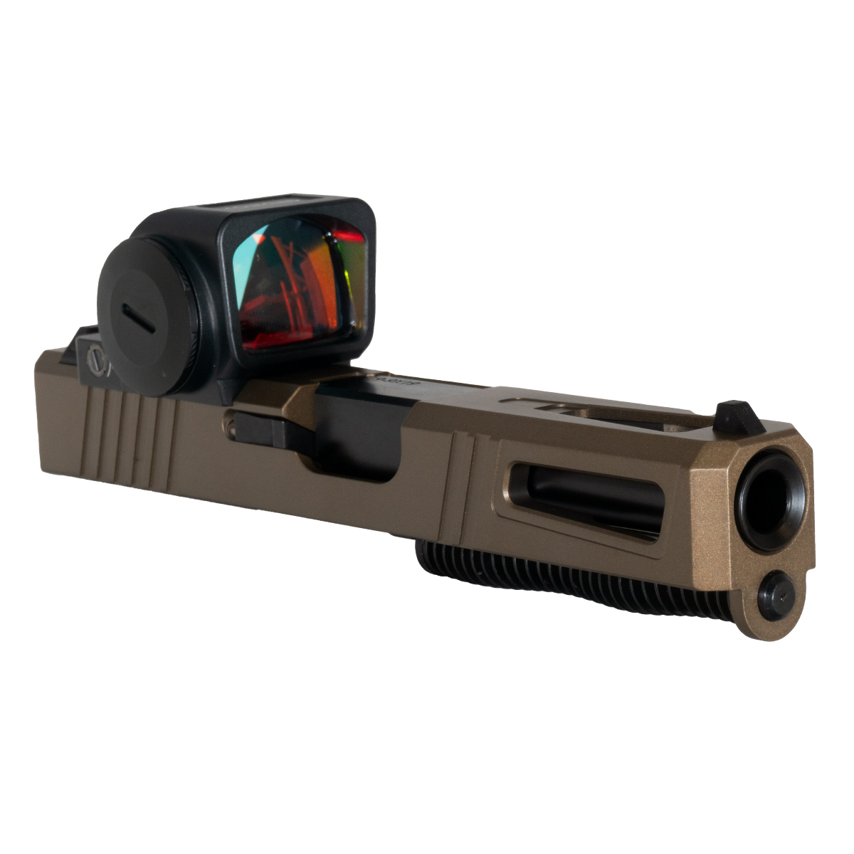 DTT Stiffler MFG Competitor in Burnt Bronze with Crown Cut Nitride Barrel 9mm Glock 19 Compatible Complete Slide Kit Ft. Gideon Optics Granite (RMR Footprint) Competition Single Red Dot