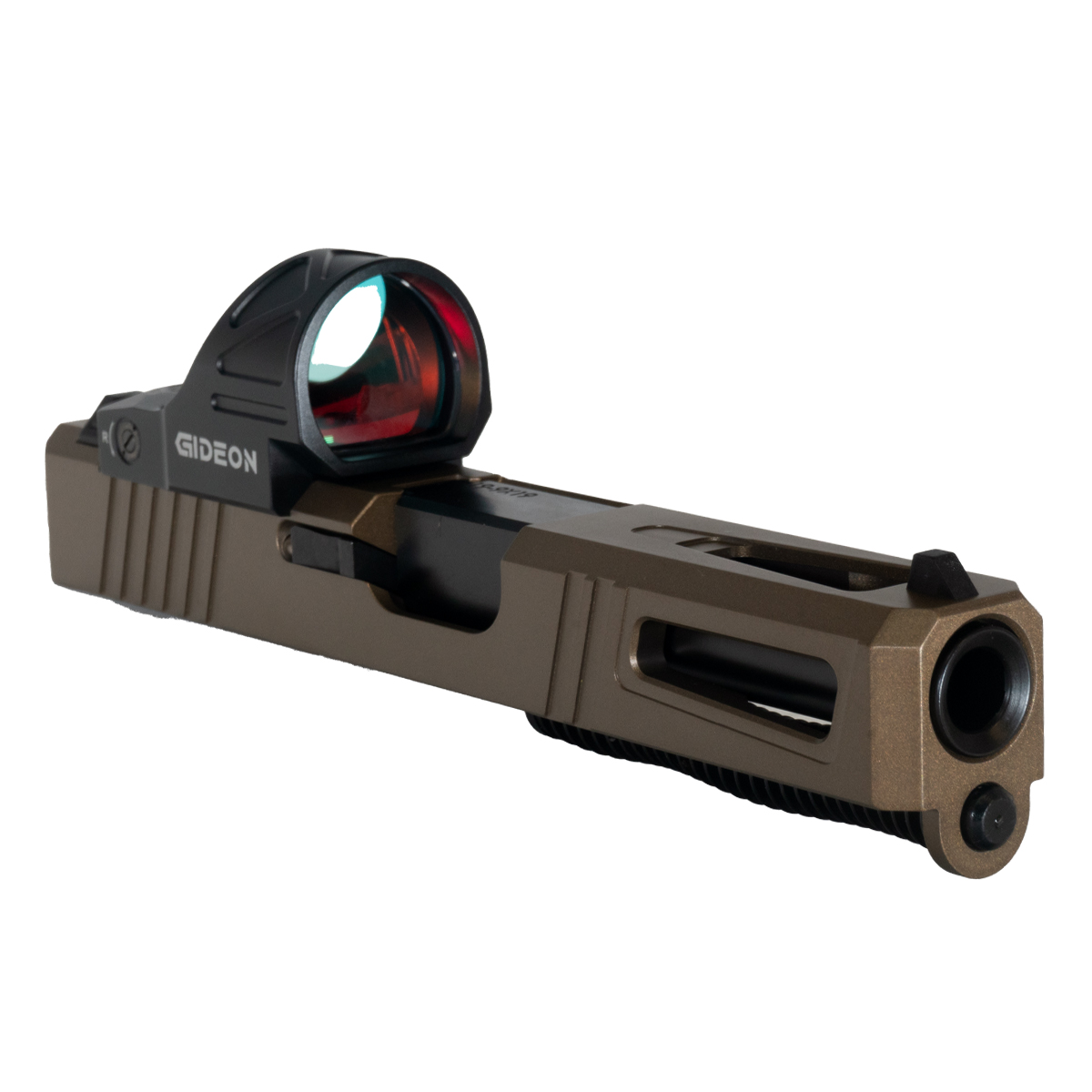 DTT Stiffler MFG Competitor in Burnt Bronze with Crown Cut Nitride Barrel 9mm Glock 19 Compatible Complete Slide Kit Ft. Gideon Optics Omega (SRO Compatible) Single Red Dot