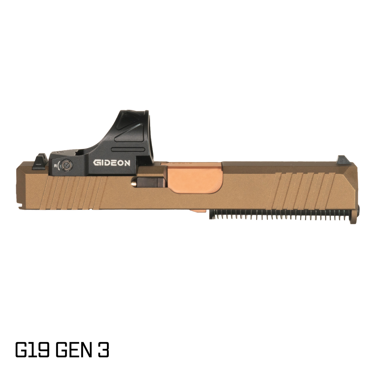 DTT Stiffler MFG Valkyrie Copper PVD Barrel G19 Gen 1-3 Compatible 9MM Burnt Bronze RMR Complete Slide Kit, Gideon Optics Omega (SRO Compatible) Single Red Dot