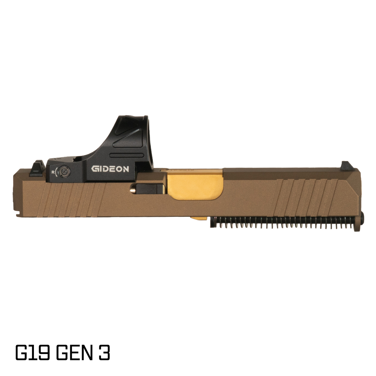 DTT Stiffler MFG Valkyrie Gold TiN Barrel G19 Gen 1-3 Compatible 9MM Burnt Bronze RMR Complete Slide Kit, Gideon Optics Omega (SRO Compatible) Single Red Dot