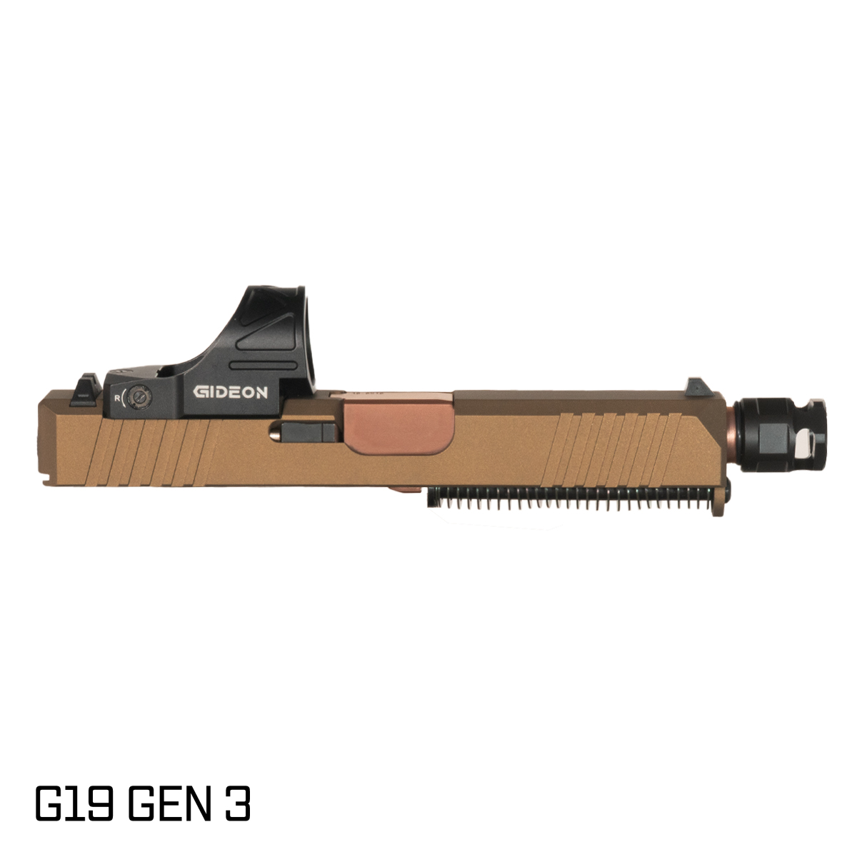 DTT Stiffler MFG Valkyrie Threaded Copper PVD Barrel G19 Gen 1-3 Compatible 9MM Burnt Bronze RMR Complete Slide Kit, Gideon Optics Omega (SRO Compatible) Single Red Dot