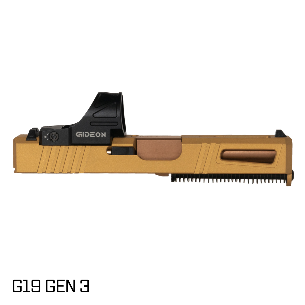 DTT Stiffler MFG Lionheart Copper PVD Barrel G19 Gen 1-3 Compatible 9MM Gold RMR Complete Slide Kit, Gideon Optics Omega (SRO Compatible) Single Red Dot
