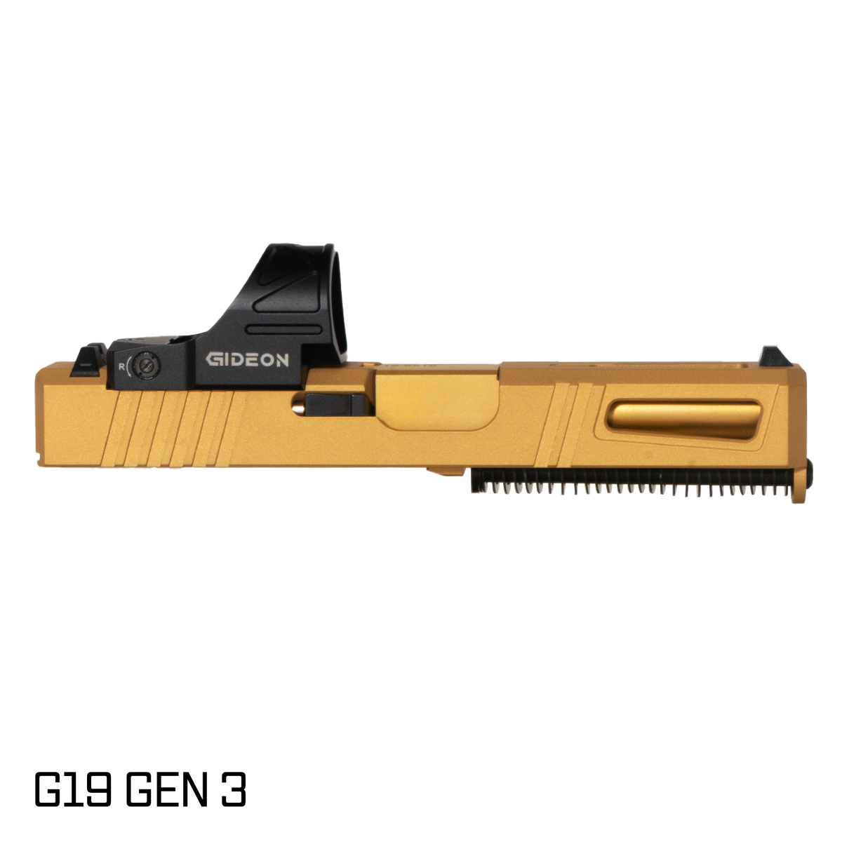 DTT Stiffler MFG Lionheart Gold TiN Barrel G19 Gen 1-3 Compatible 9MM Gold RMR Complete Slide Kit, Gideon Optics Omega (SRO Compatible) Single Red Dot