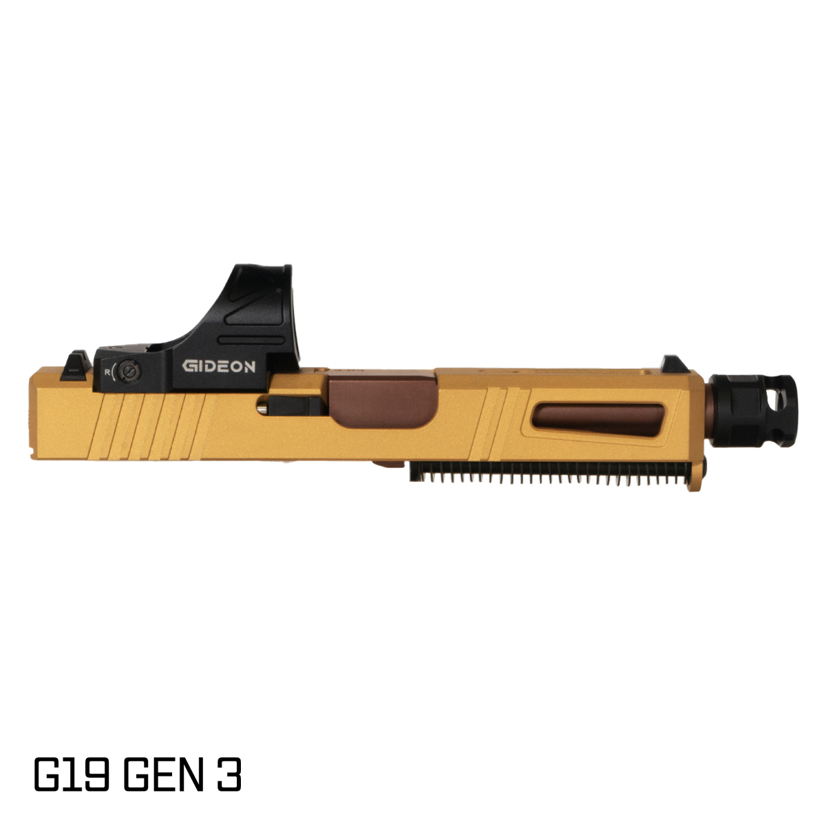 DTT Stiffler MFG Lionheart Threaded Copper PVD Barrel G19 Gen 1-3 Compatible 9MM Gold RMR Complete Slide Kit, Gideon Optics Omega (SRO Compatible) Single Red Dot