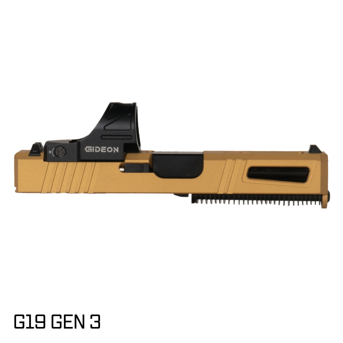 DTT Stiffler MFG Lionheart Ported Nitride Barrel G19 Gen 1-3 Compatible 9MM Gold RMR Complete Slide Kit, Gideon Optics Omega (SRO Compatible) Single Red Dot