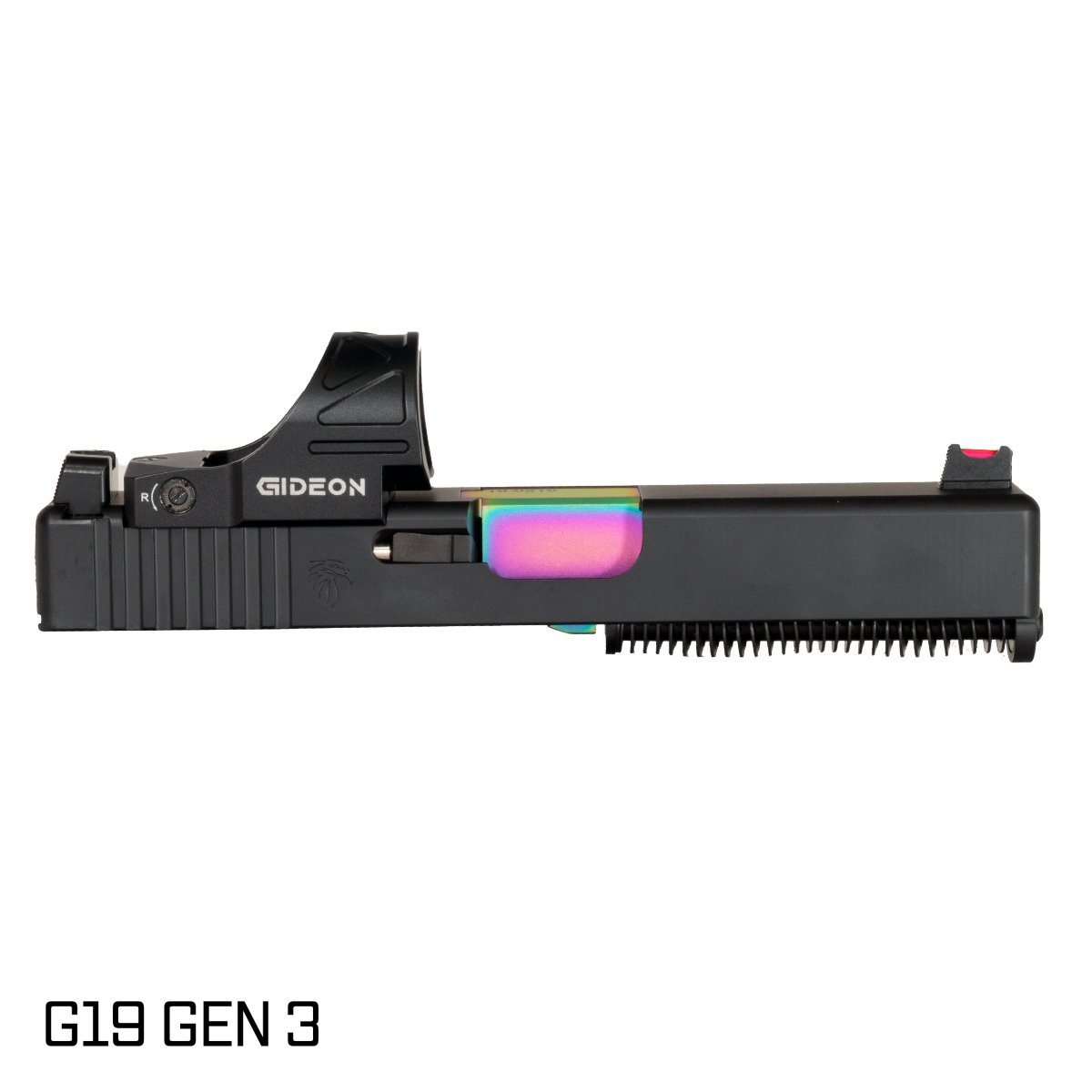 DTT Atomade Rainbow PVD Barrel G19 Gen 1-3 Compatible 9MM Black RMR Complete Slide Kit, Gideon Optics Omega (SRO Compatible) Single Red Dot