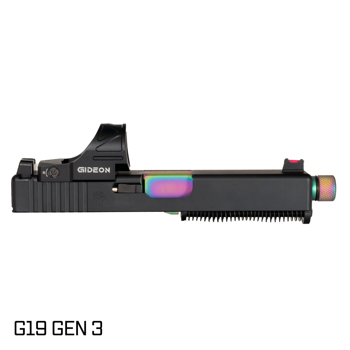 DTT Atomade Threaded Rainbow PVD Barrel G19 Gen 1-3 Compatible 9MM Black RMR Complete Slide Kit, Gideon Optics Omega (SRO Compatible) Single Red Dot