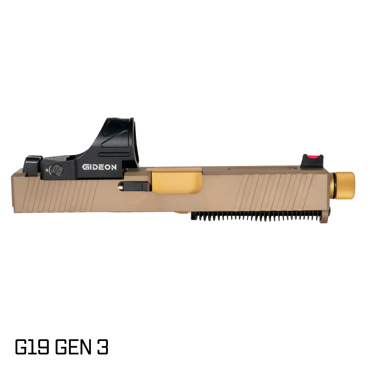 Davidson Defense Packless Threaded Gold TiN Barrel G19 Gen 1-3 Compatible 9MM FDE RMR Complete Slide Kit, Gideon Optics Omega (SRO Compatible) Single Red Dot