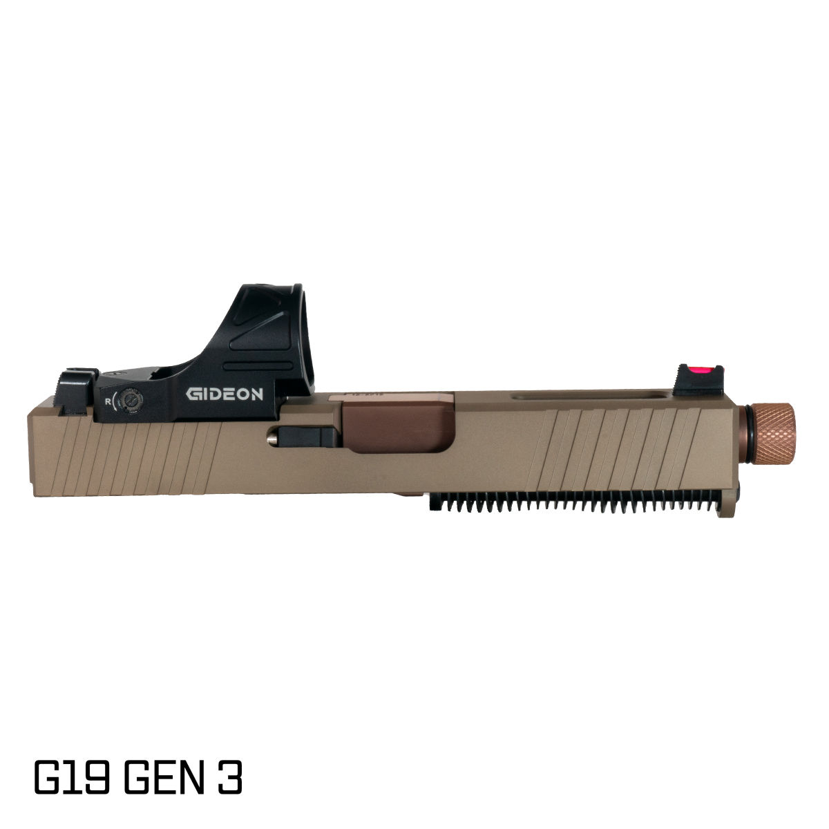 Davidson Defense Packless Threaded Copper PVD Barrel G19 Gen 1-3 Compatible 9MM FDE RMR Complete Slide Kit, Gideon Optics Omega (SRO Compatible) Single Red Dot