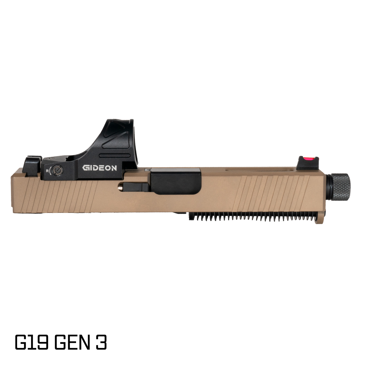 Davidson Defense Packless Threaded Nitride Barrel G19 Gen 1-3 Compatible 9MM FDE RMR Complete Slide Kit, Gideon Optics Omega (SRO Compatible) Single Red Dot