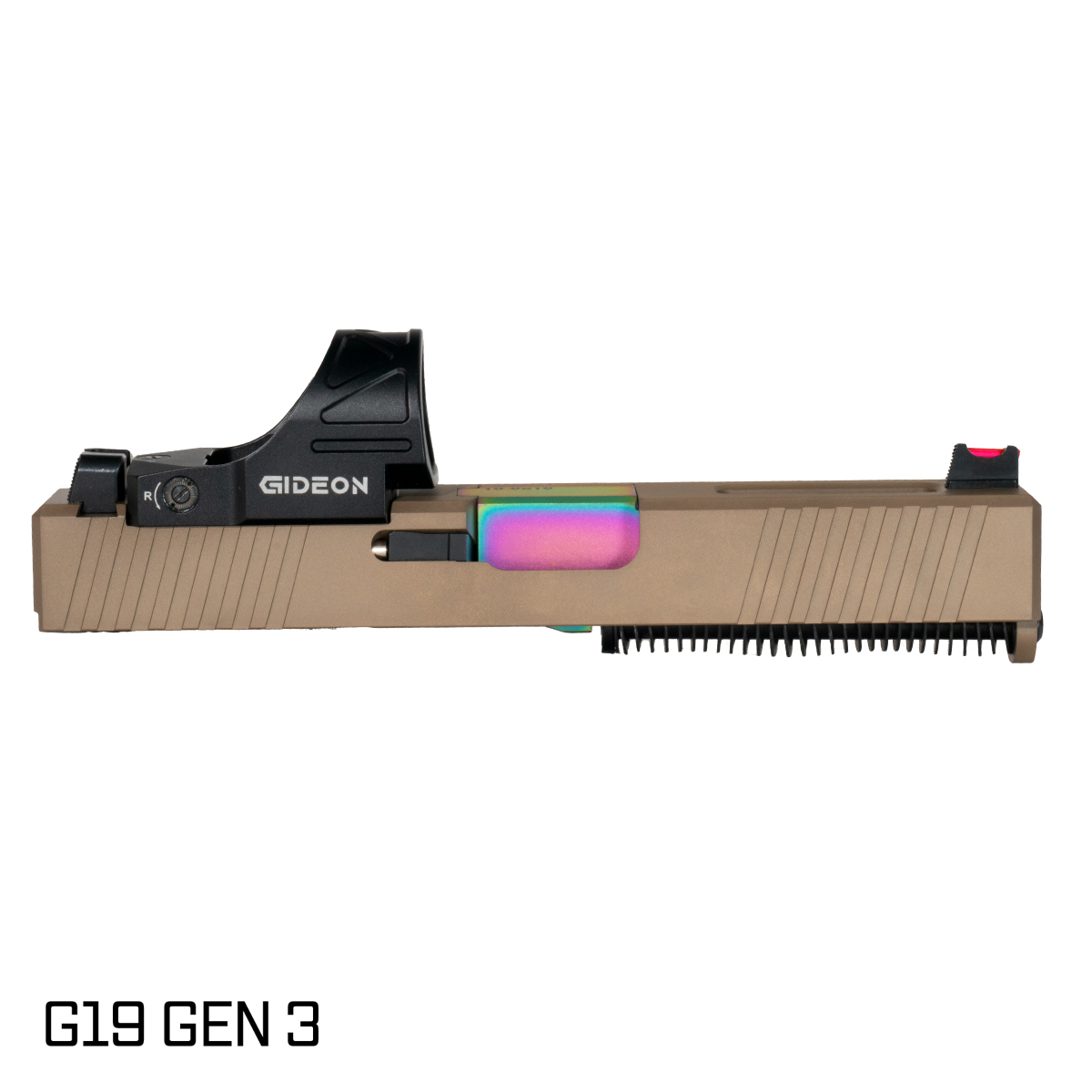 Davidson Defense Packless Rainbow PVD Barrel G19 Gen 1-3 Compatible 9MM FDE RMR Complete Slide Kit, Gideon Optics Omega (SRO Compatible) Single Red Dot