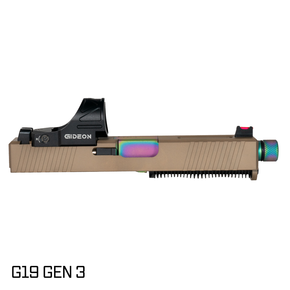 Davidson Defense Packless Threaded Rainbow PVD Barrel G19 Gen 1-3 Compatible 9MM FDE RMR Complete Slide Kit, Gideon Optics Omega (SRO Compatible) Single Red Dot