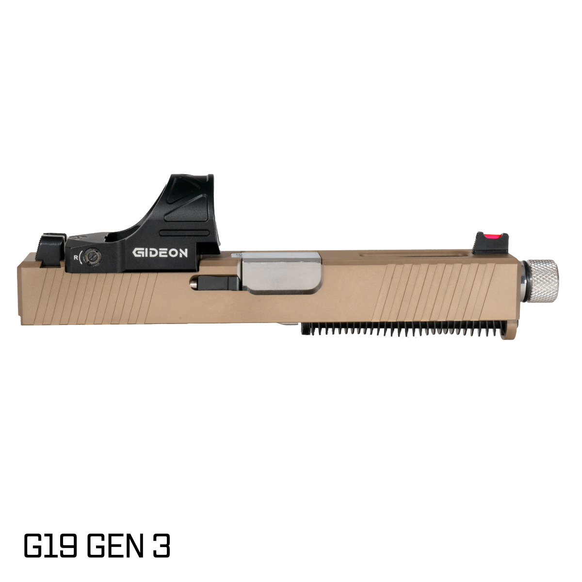 Davidson Defense Packless Threaded Polished Stainless Barrel G19 Gen 1-3 Compatible 9MM FDE RMR Complete Slide Kit, Gideon Optics Omega (SRO Compatible) Single Red Dot