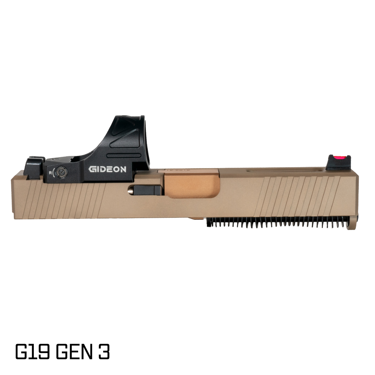 Davidson Defense Packless Copper PVD Barrel G19 Gen 1-3 Compatible 9MM FDE RMR Complete Slide Kit, Gideon Optics Omega (SRO Compatible) Single Red Dot