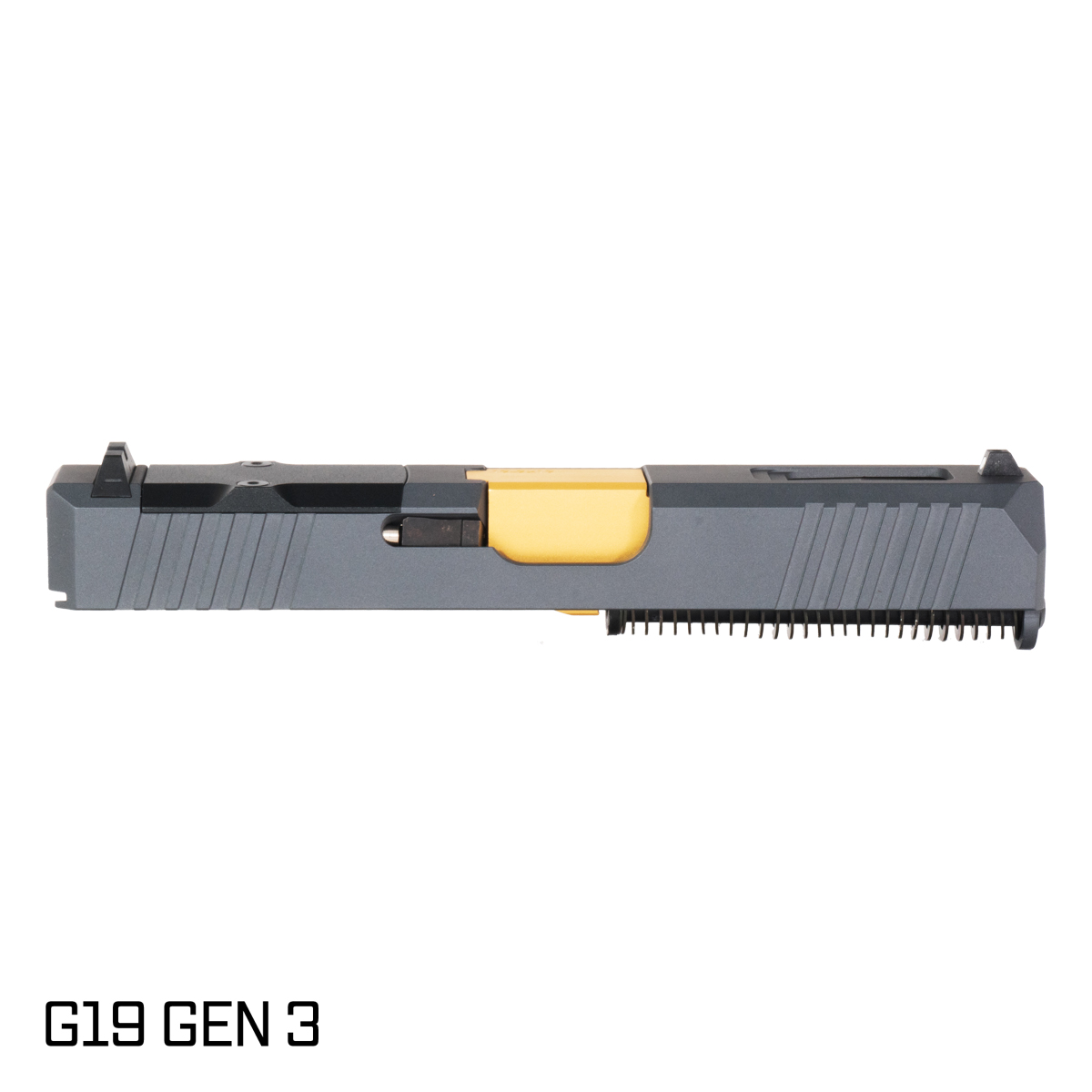 DTT Stiffler MFG Wayfinder Crowned Gold TiN Barrel G19 Gen 1-3 Compatible 9MM Sniper Gray RMR Complete Slide Kit