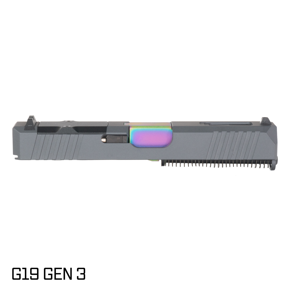 DTT Stiffler MFG Wayfinder Crowned Rainbow PVD Barrel G19 Gen 1-3 Compatible 9MM Sniper Gray RMR Complete Slide Kit