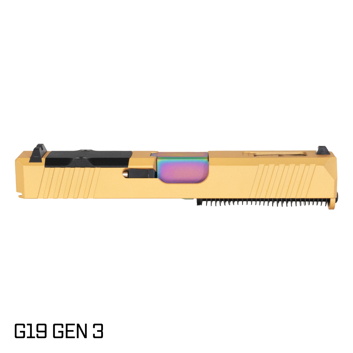 DTT Stiffler MFG Wayfinder Crowned Rainbow PVD Barrel G19 Gen 1-3 Compatible 9MM Gold RMR Complete Slide Kit