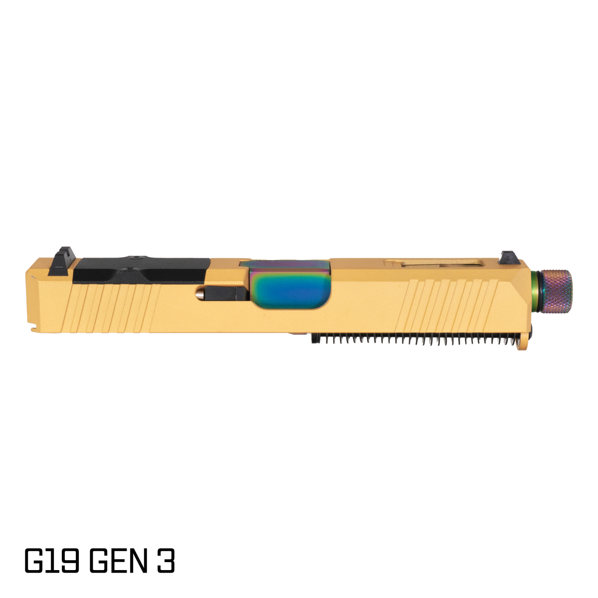 DTT Stiffler MFG Wayfinder Threaded Rainbow PVD Barrel G19 Gen 1-3 Compatible 9MM Gold RMR Complete Slide Kit